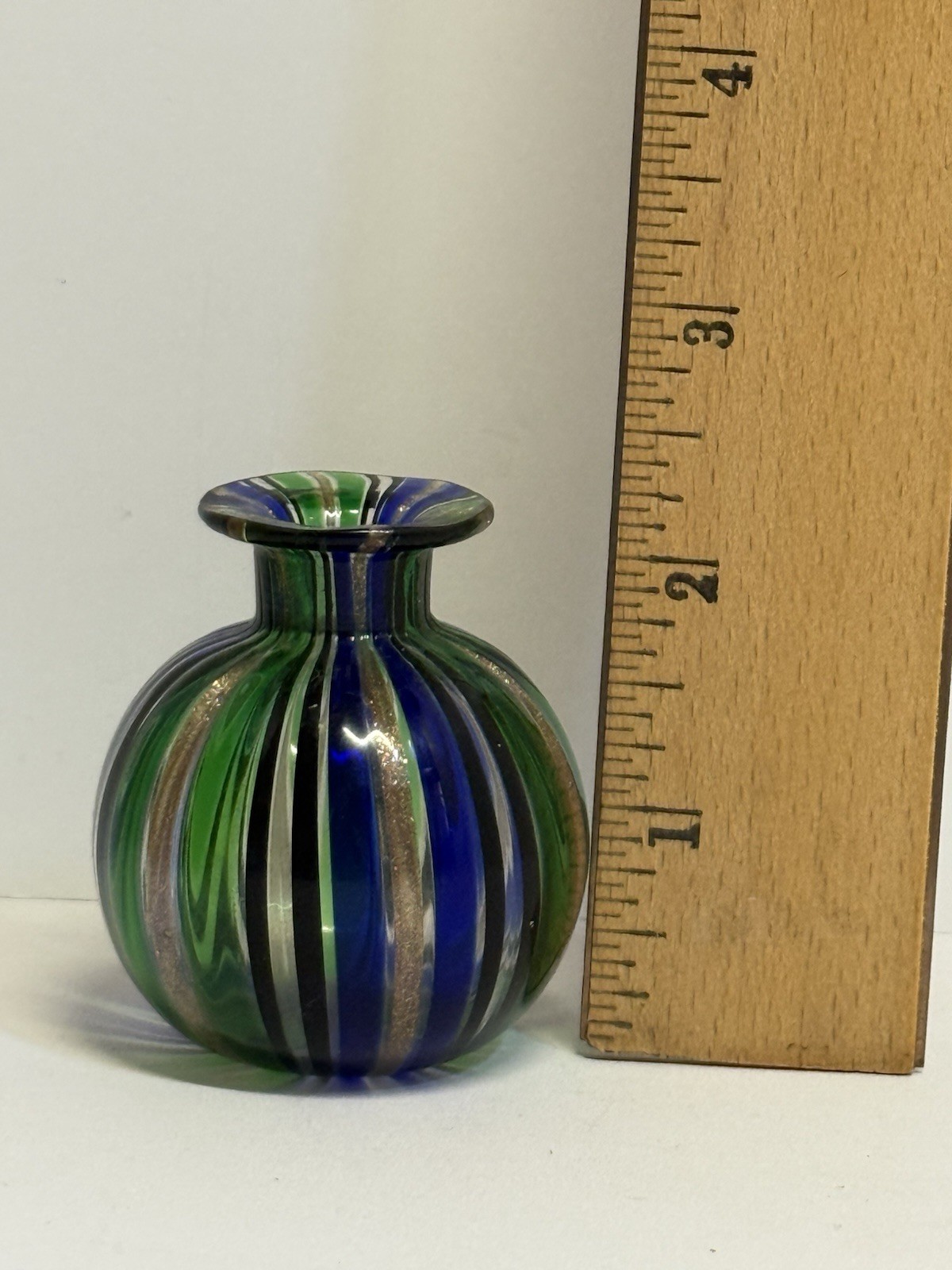 Murano Small Glass Bud Vase Blue Green Gold Foil Stripes 2.25” Tall Handblown