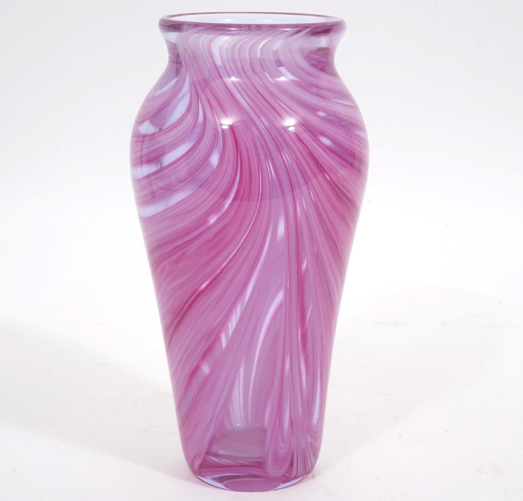 Art Glass John Lotton Studio Signed 1996 Pink Swirl & Clear Vase, 9 1/4″