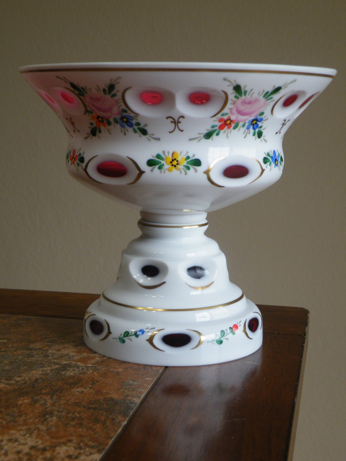 Bohemian Czech Moser Glass Cased White Cut To Cranberry Pedestal 7″T x 7-3/4″W
