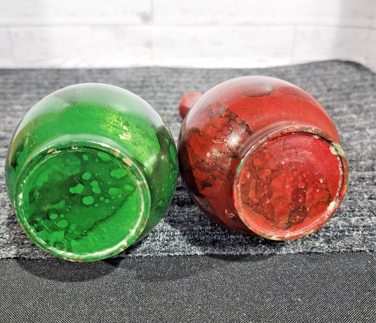 Vintage MCM Japanese Enamel Bud Vases Pair Red Green Gold Brass Cloisonne Style