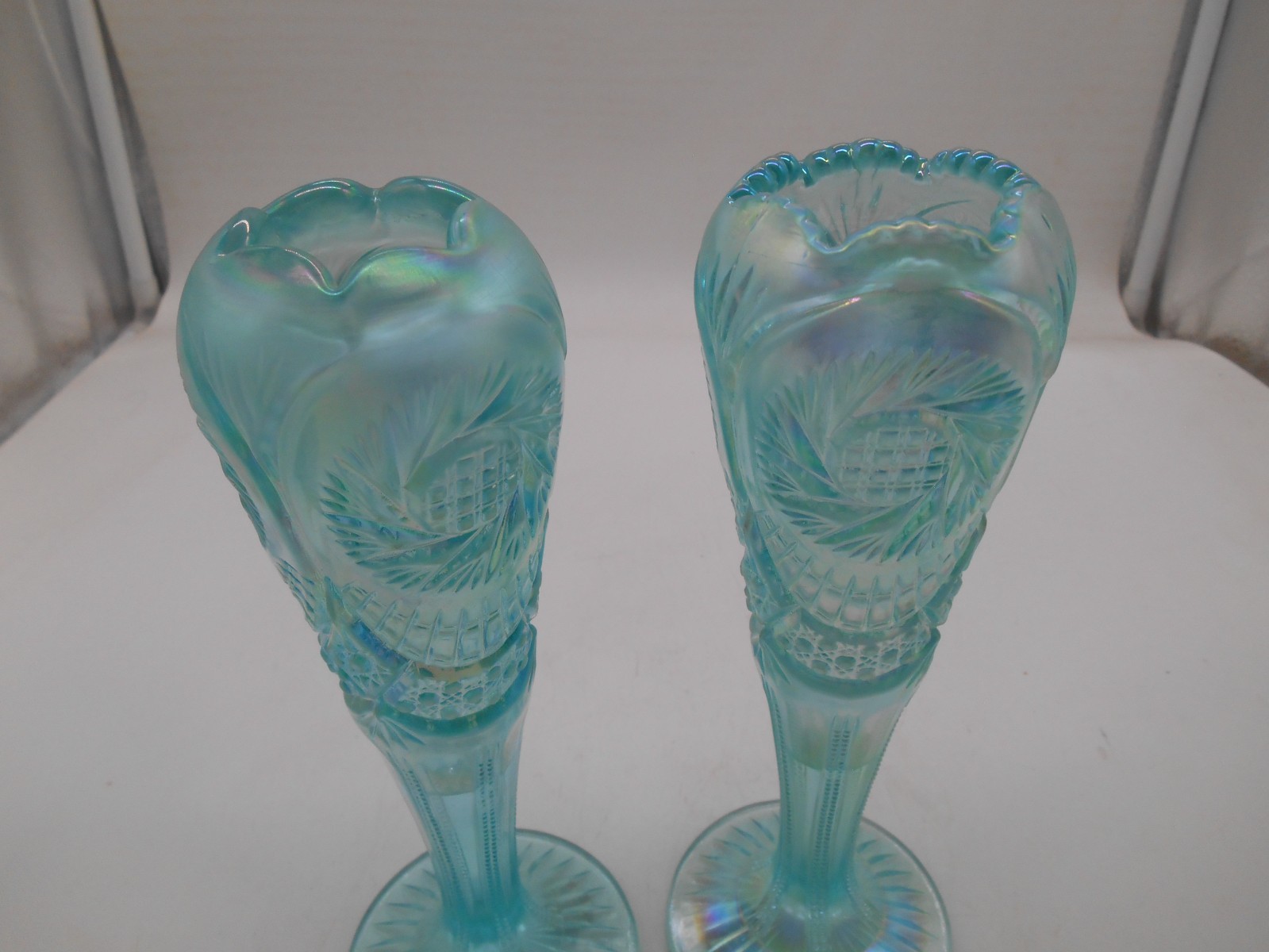 Pair of Fenton 95th Anniversary Aqua Opalescent Pinwheel 8.25″ Vases w/tags