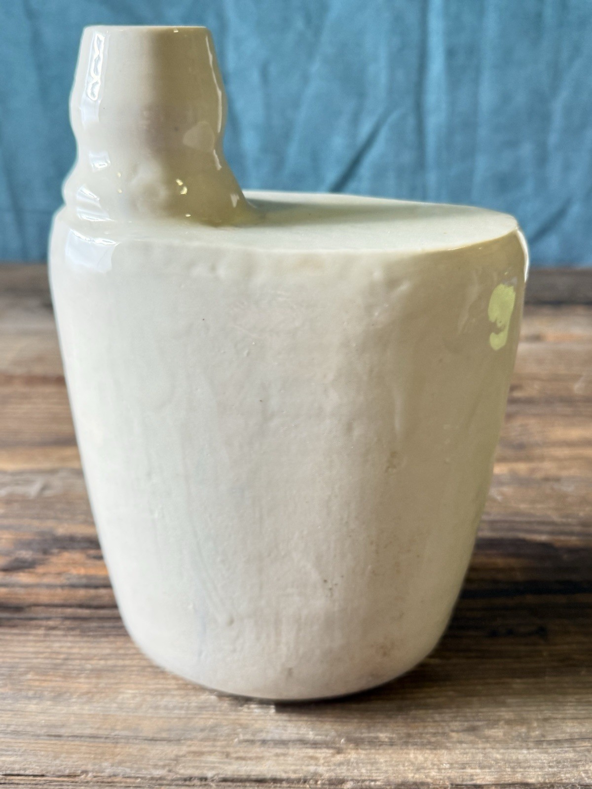 Vintage Hand-Thrown Studio Pottery Canteen Flask Off-Set Neck Cream Glaze 8″