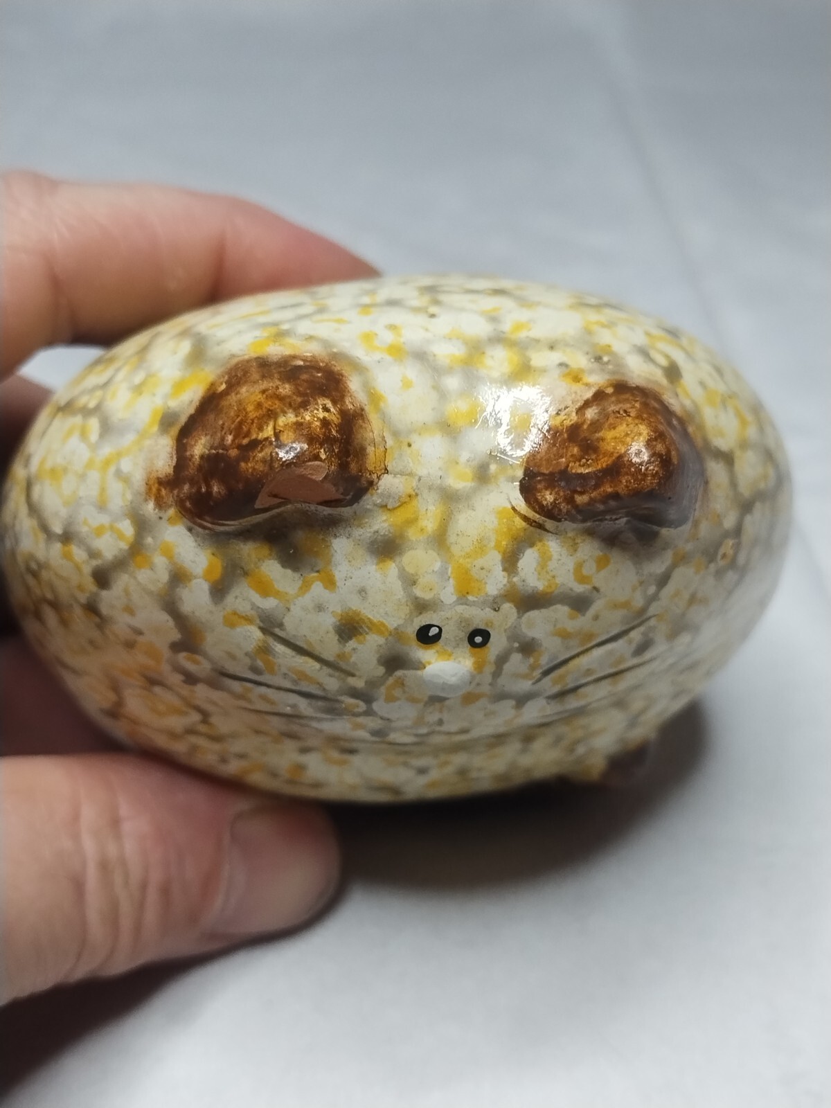 Orange Spotted Ceramic Cat Redware Pottery Spongeware Fat Kitty PAINT CHIPPED
