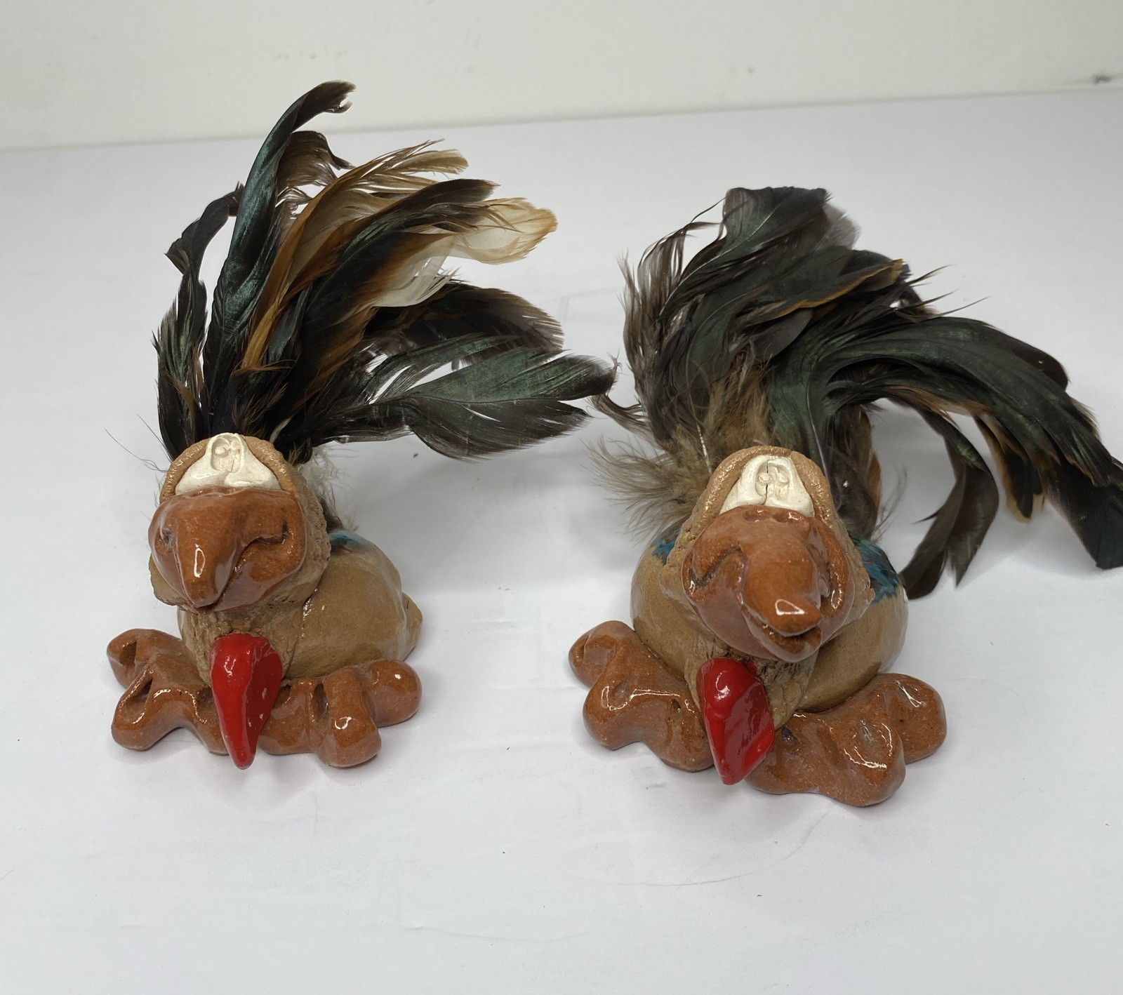 Vtg Hicks Red Clay Pottery Funny Birds w/ Feathers Candle Holders Signed