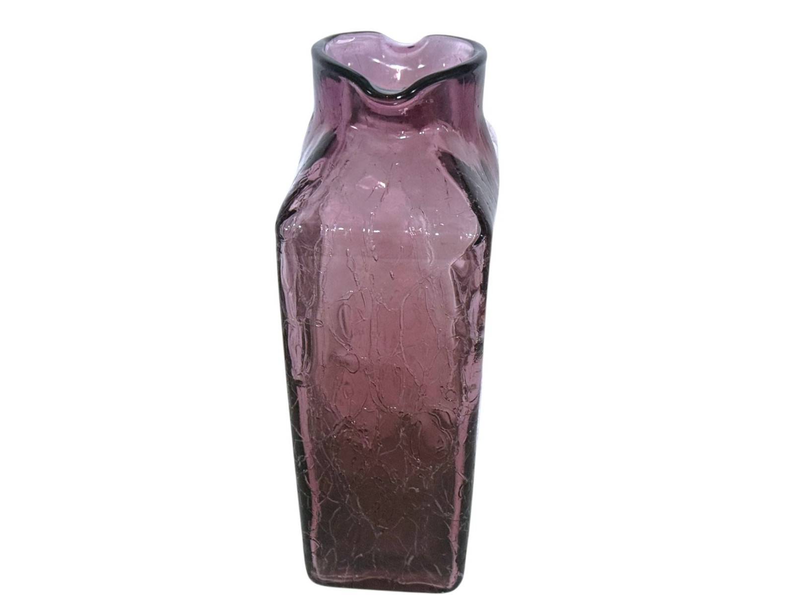 Blenko Style Double Spout Hand-Blown Amethyst Crackle Glass Vase