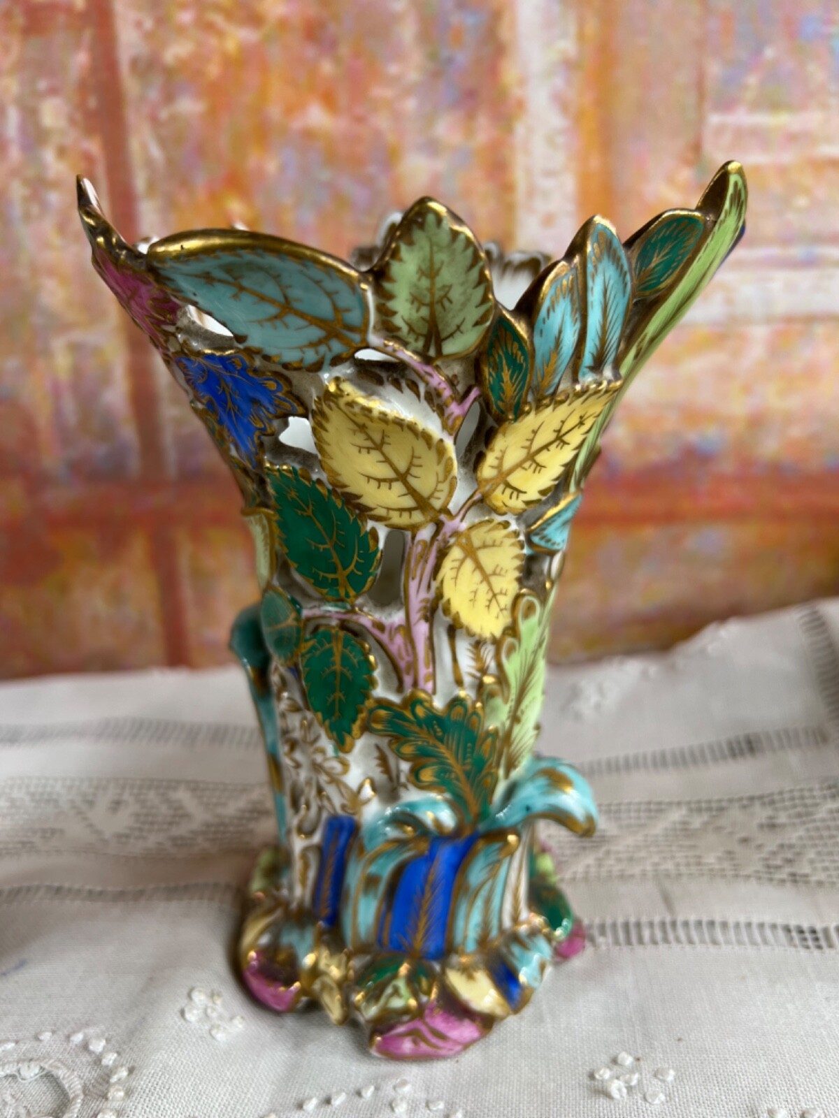 Pair of English Openwork Vases – Polychrome Porcelain – WT / IR & Co – 14cm
