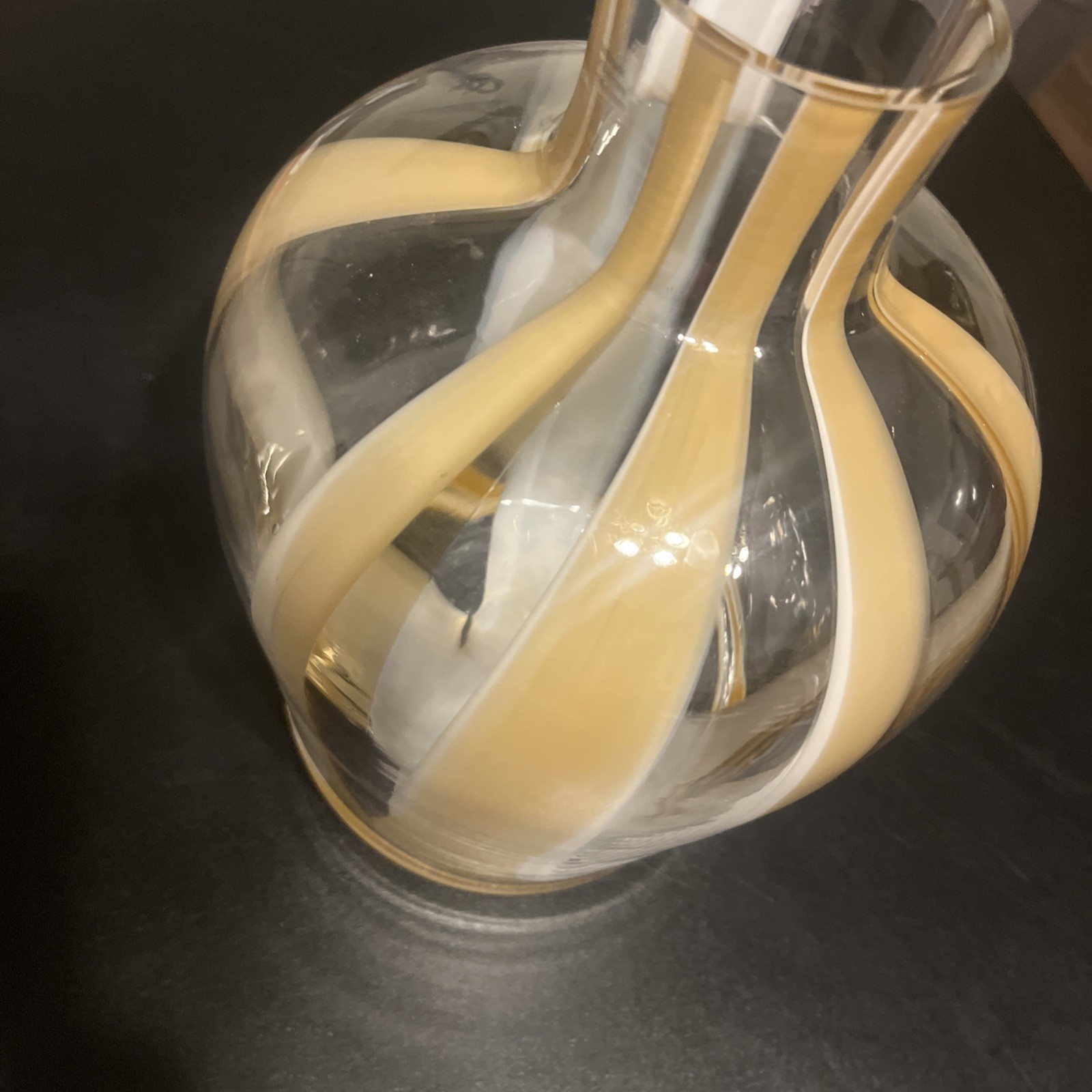 Hand Blown Clear Cut Glass Vase with Beige and White Stripes Large