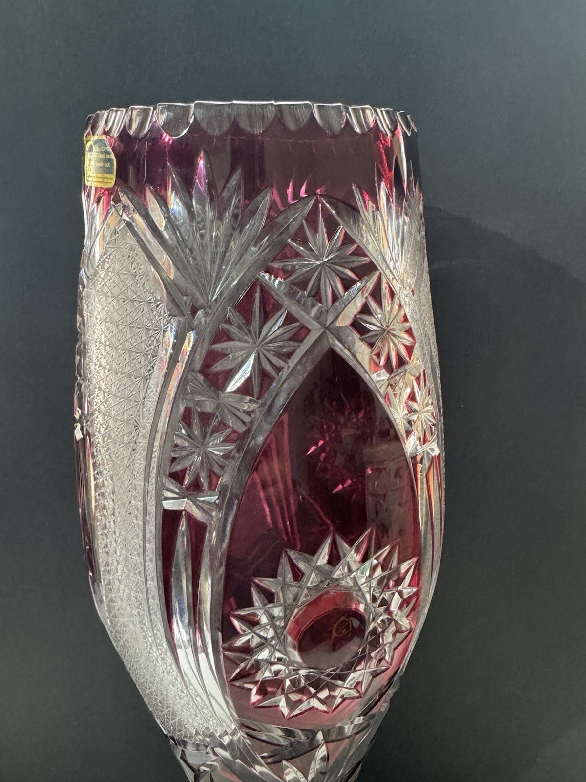 VINTAGE LAUSITZER GLAS RED CUT TO CLEAR BOHEMIAN 19 1/2″ VASE W TAG GERMANY 24%