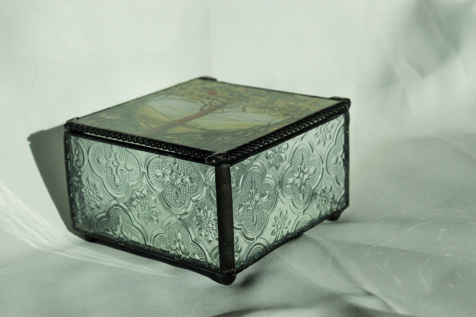 Tiffany Style Tree Of Life Stained Glass Art Jewelry Trinket Box Mirrored Bottom