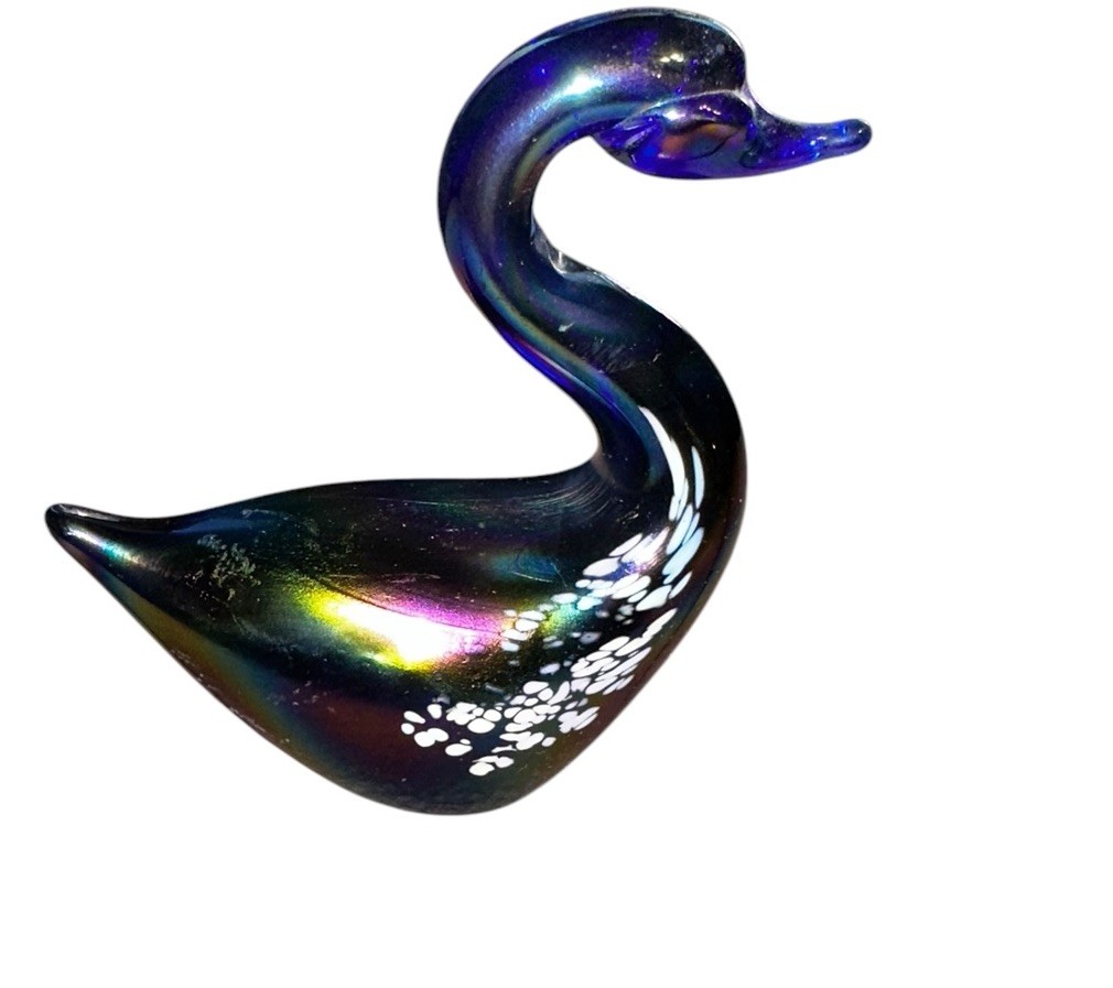 Vintage Art Glass Swan Cobalt Blue With White Iridescence