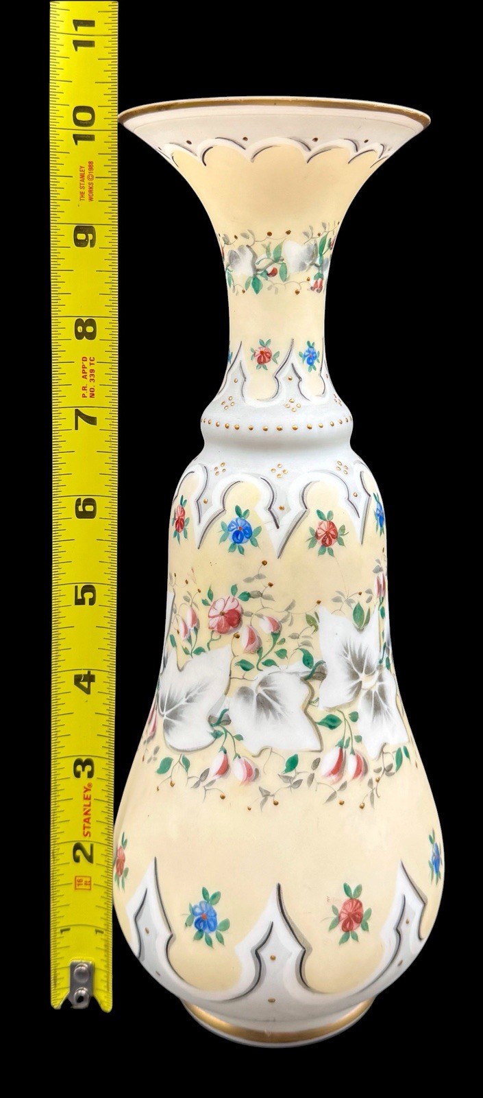 Antique Victorian Opaline Glass Vase Hand Painted Floral Gold Satin Yellow White