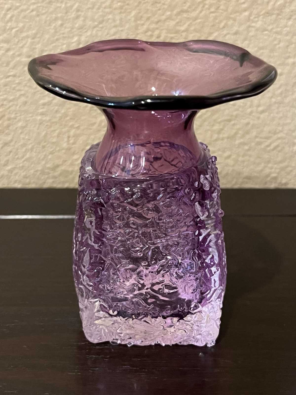 Beautiful MCM Handblown Purple Bark Art Glass Vase Signed By Artist *Topic* Rare