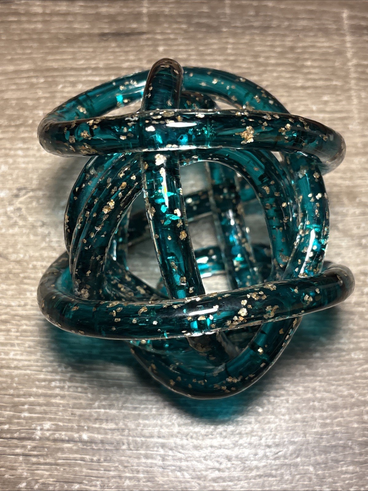 Art Glass Paperweight Teal Infinity Knot Twisted Rope Sculpture Silver Flecks F1