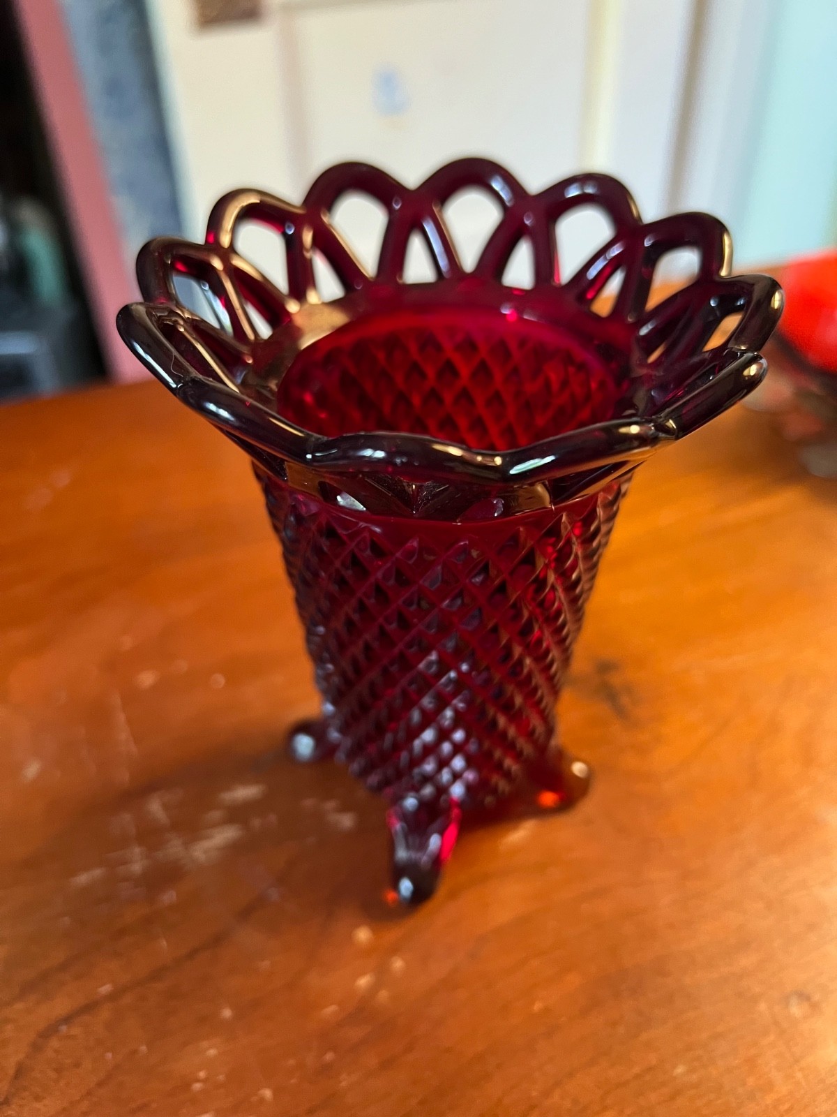 Vintage Imperial Vase Footed Amberina Open Laced Edge 5” tall