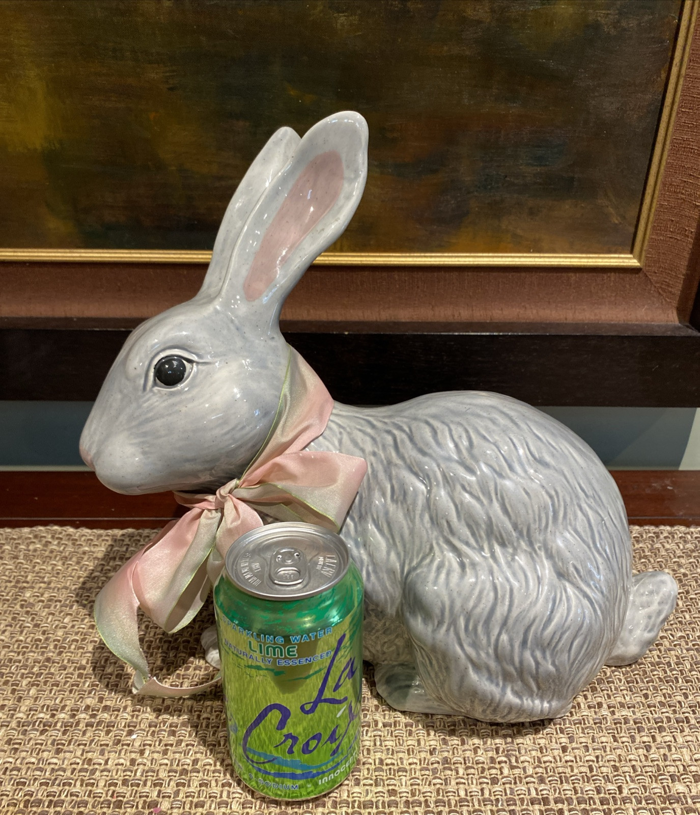 LARGE Realistic Grey Glazed Ceramic Bunny/Rabbit Sculpture 13”X11.5″ Home Decor