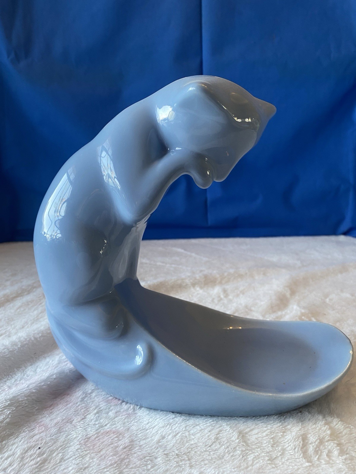Light Blue Ceramic Cat Planter Art Pottery Glossy Finish 9.5″ Tall