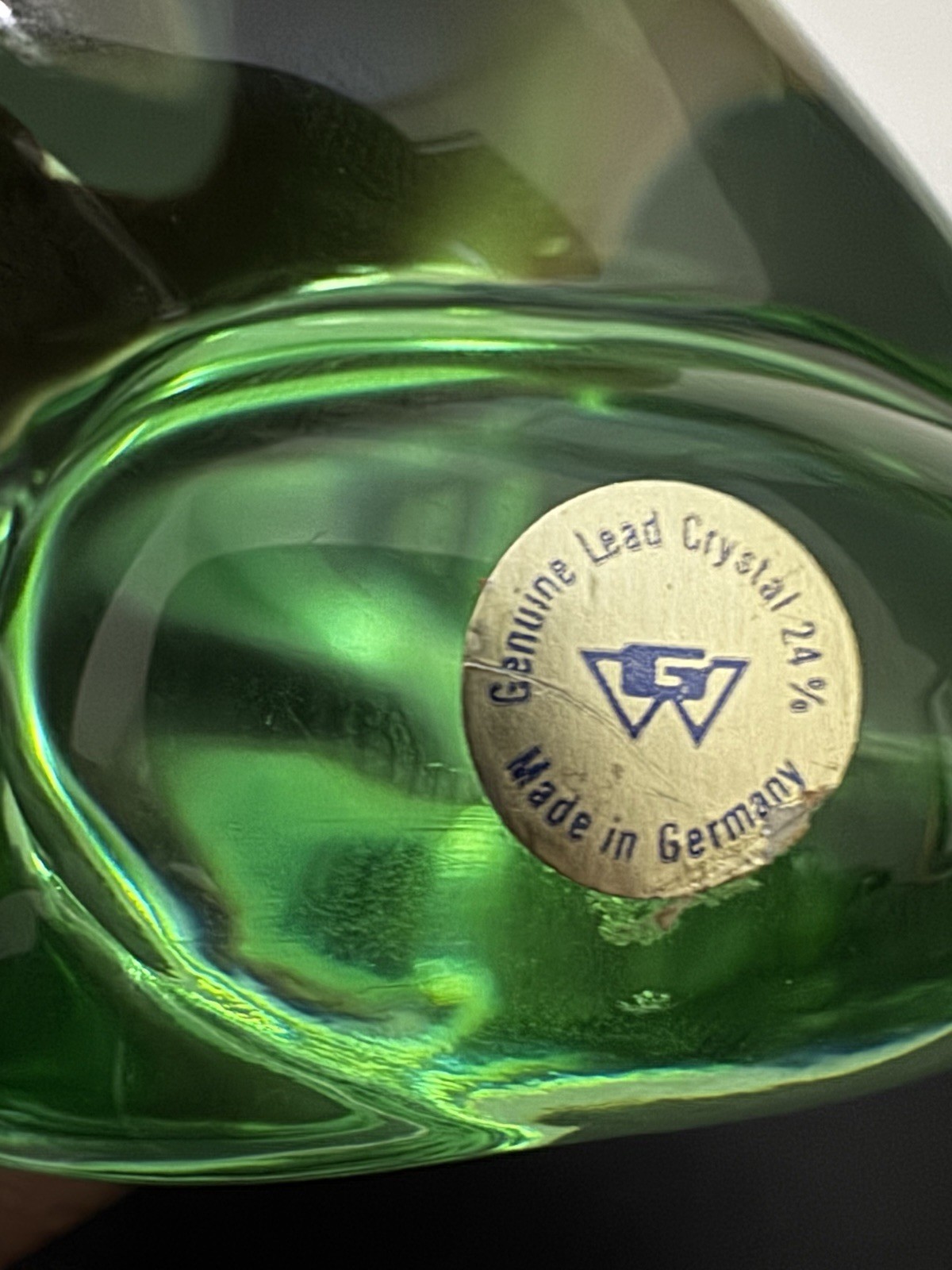 Vintage German Green Crystal Frog Paperweight 24% Lead Glass Orig Label 3”