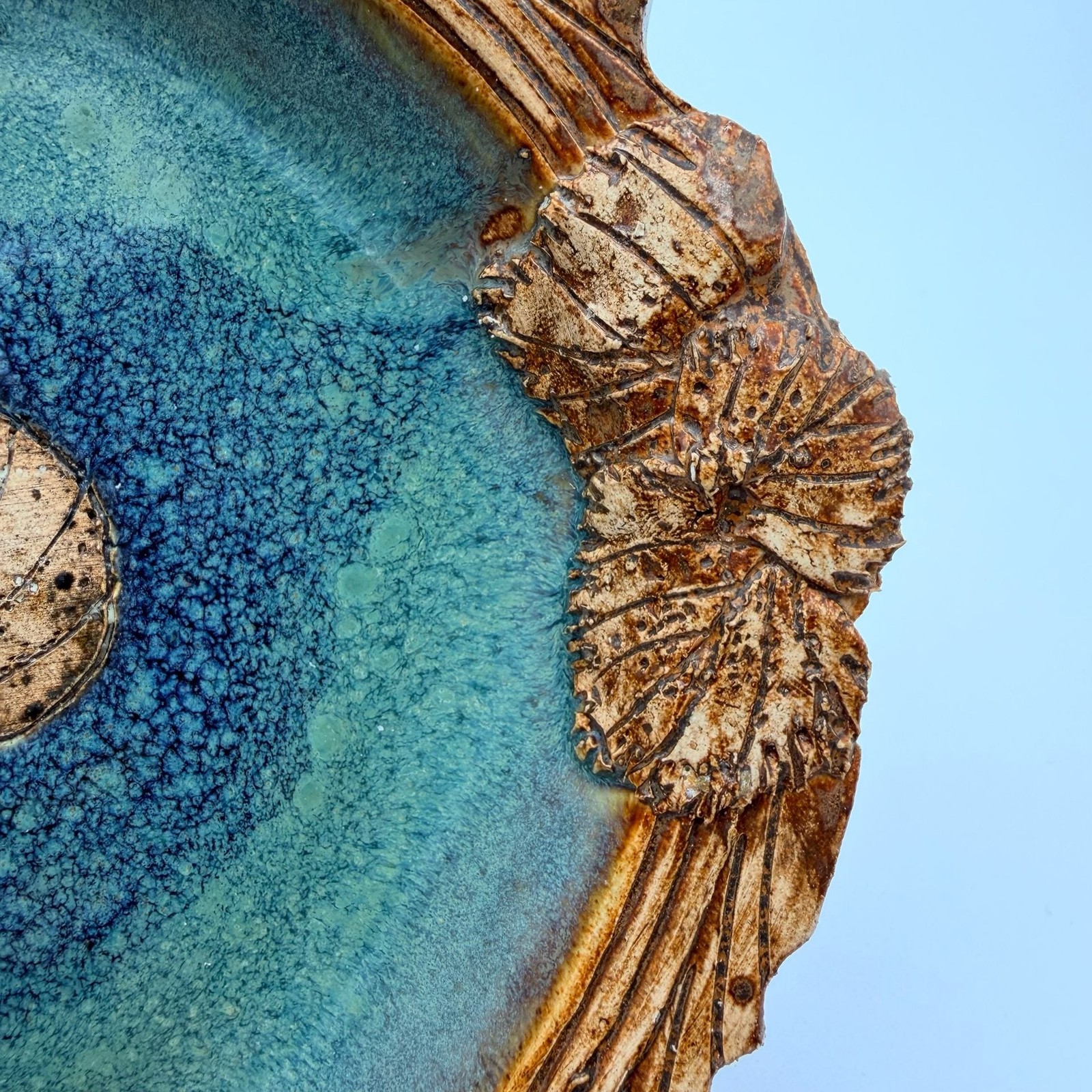 Handmade Studio Pottery Leaf Plate Blue Crystalline Glaze Ceramic Art 8”
