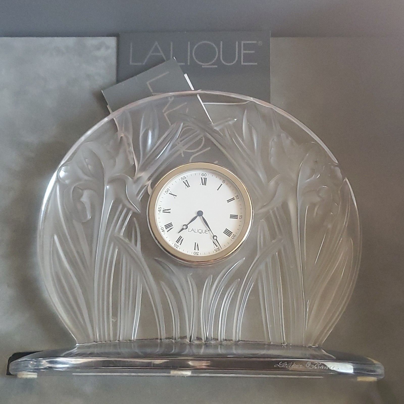 Lalique Clear Glass Desk Clock Analog Roman Numerals Engraved