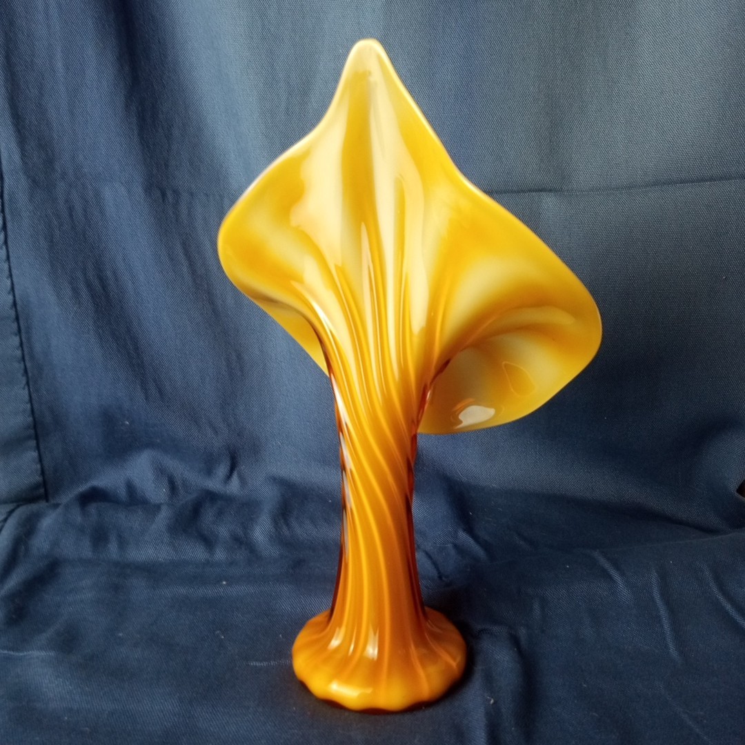 Vtg Liberty Craftworks Art Glass Jack in the Pulpit Vase 10″ Opalescent JIP