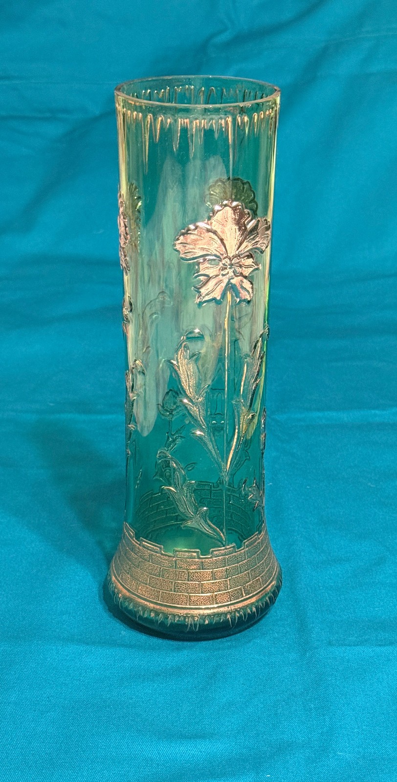 Bohemian Emerald Green Glass Vase Gold Gilt Antique Floral Icicle Rim Cylinder