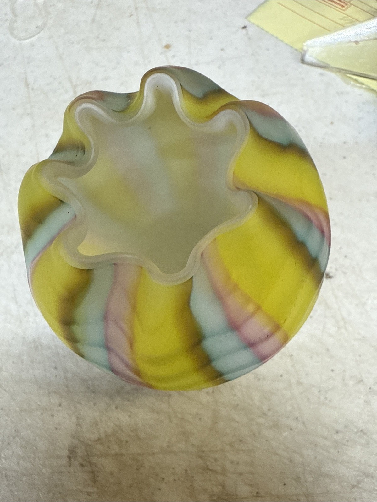 Satin glass Herringbone Rose Bowl 3.25 inches tall; pink, yellow, blue