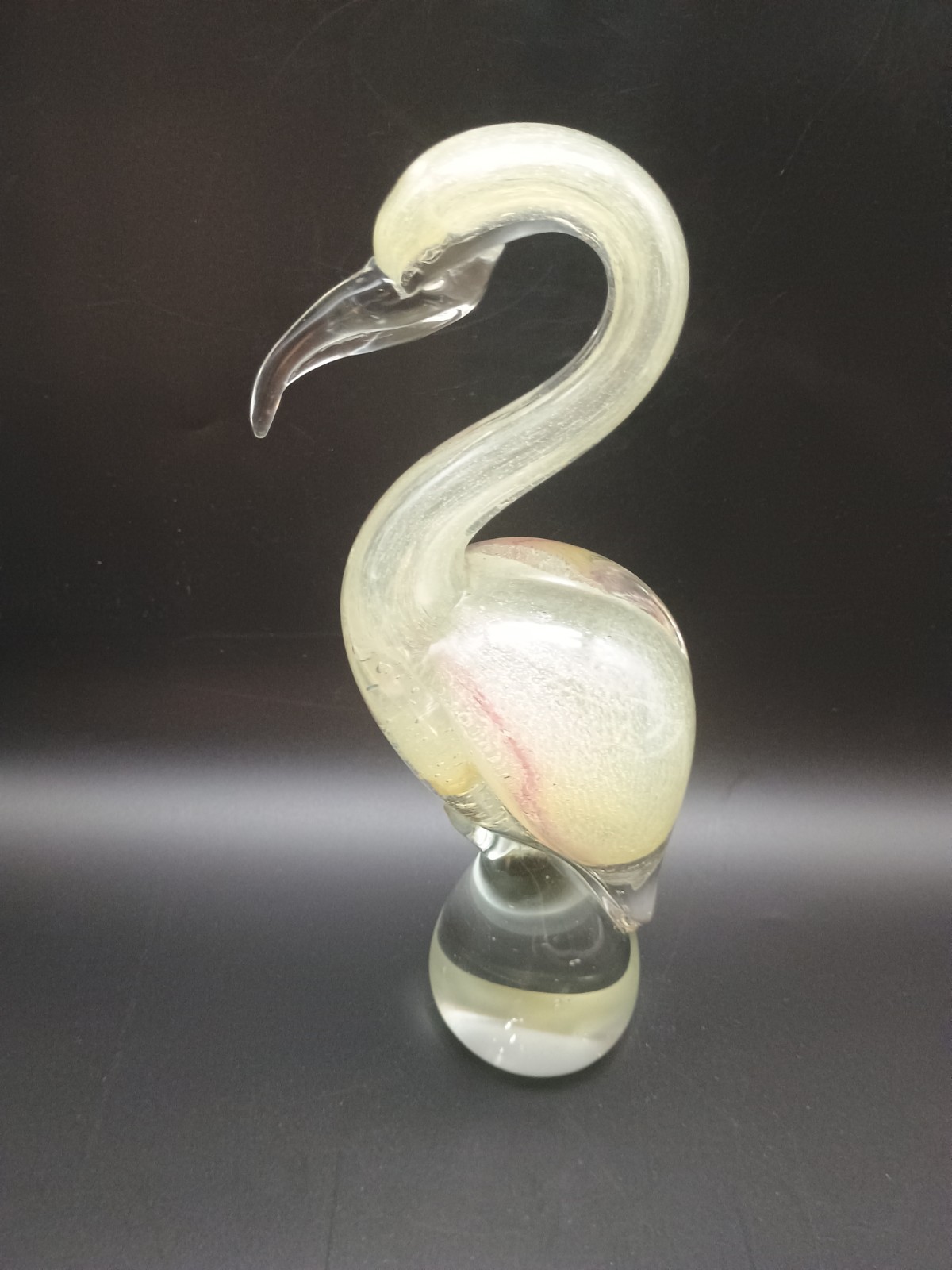 Light Yellow ,Clear & Gold Flecks Hand Blown Art Glass Heron Bird Sculpture