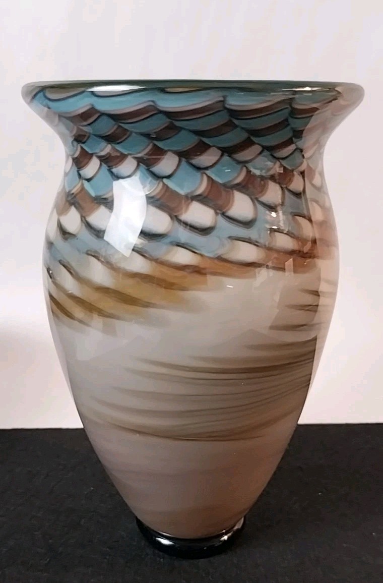 VTG Signed Nancy Freeman Art Glass Vase Peacock Feather 6.5″ Amazing & Perfect!!
