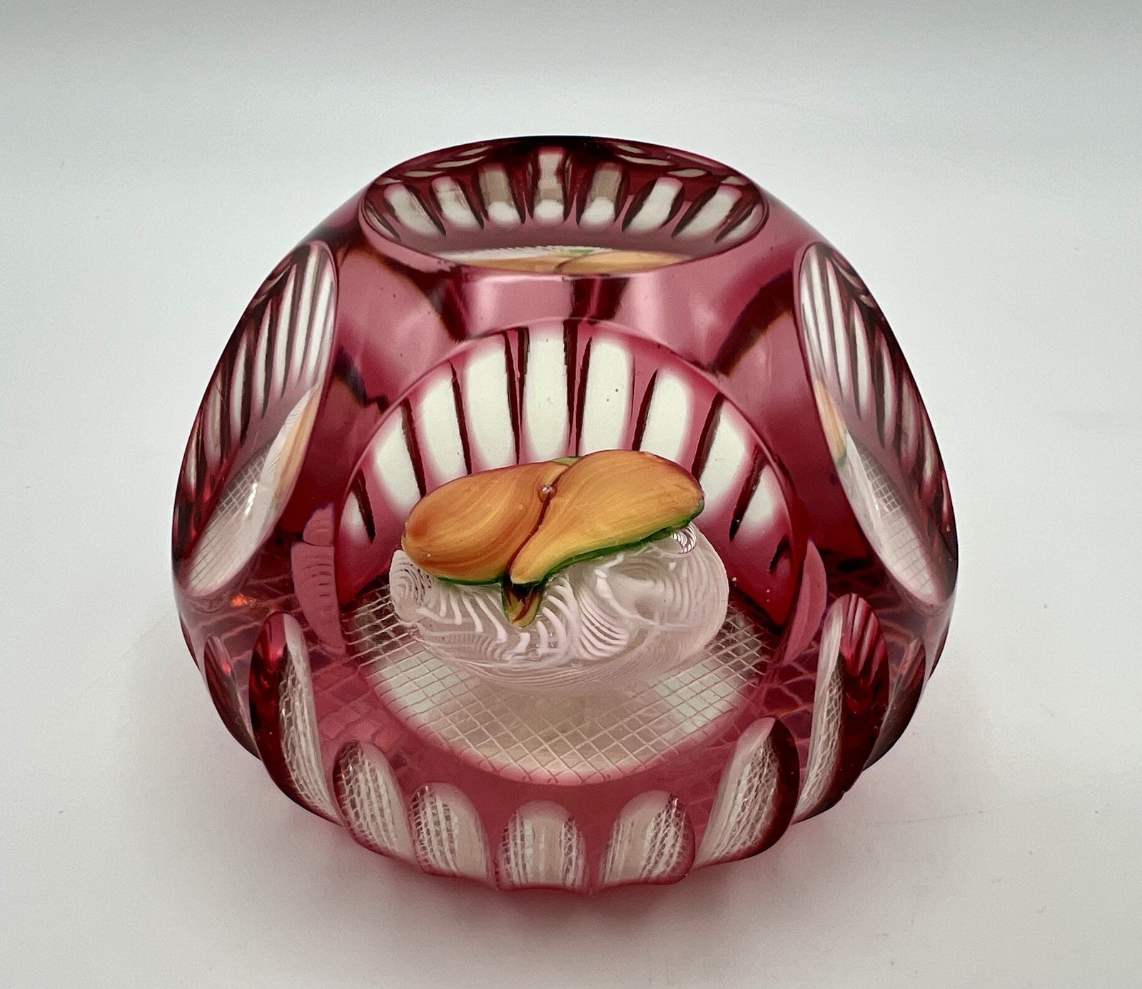 Murano Pear Fruit White Latticino Pillow Pink Cut to Clear Paperweight Vintage
