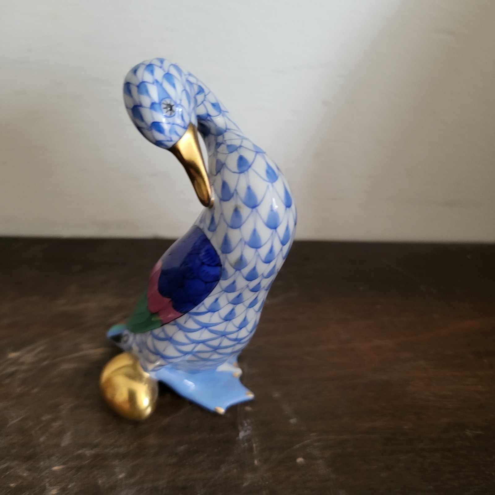 Vintage Herend Hungary Porcelain Fishnet Figurine Goose With Golden Egg Blue