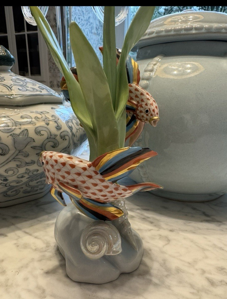 Herend Hungary Hand Painted Porcelain Fish Figurine Red Fishnet Pattern 8.5″