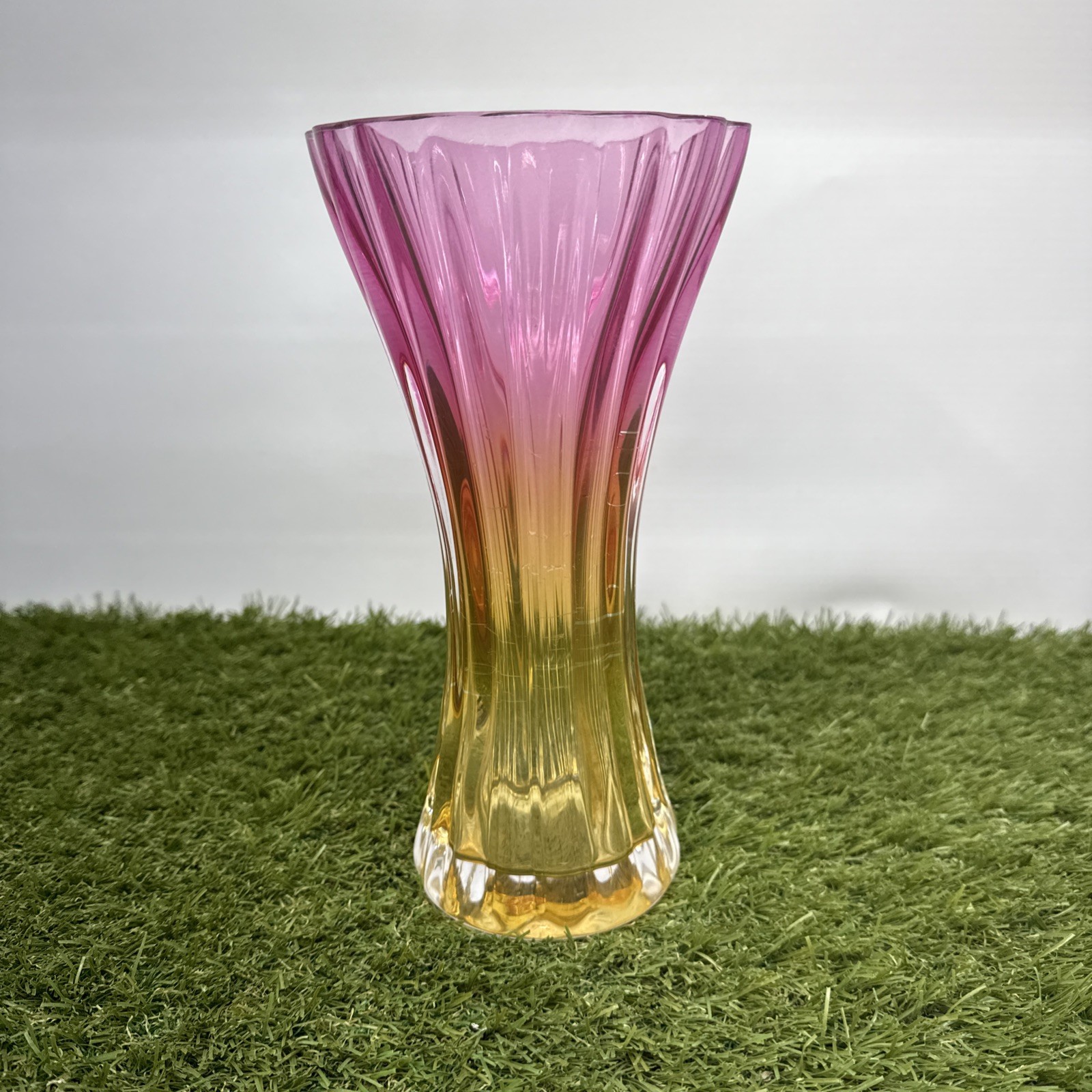 Elegant ombre two tone Yellow Pink 10 in. Tall blown glass vase curved