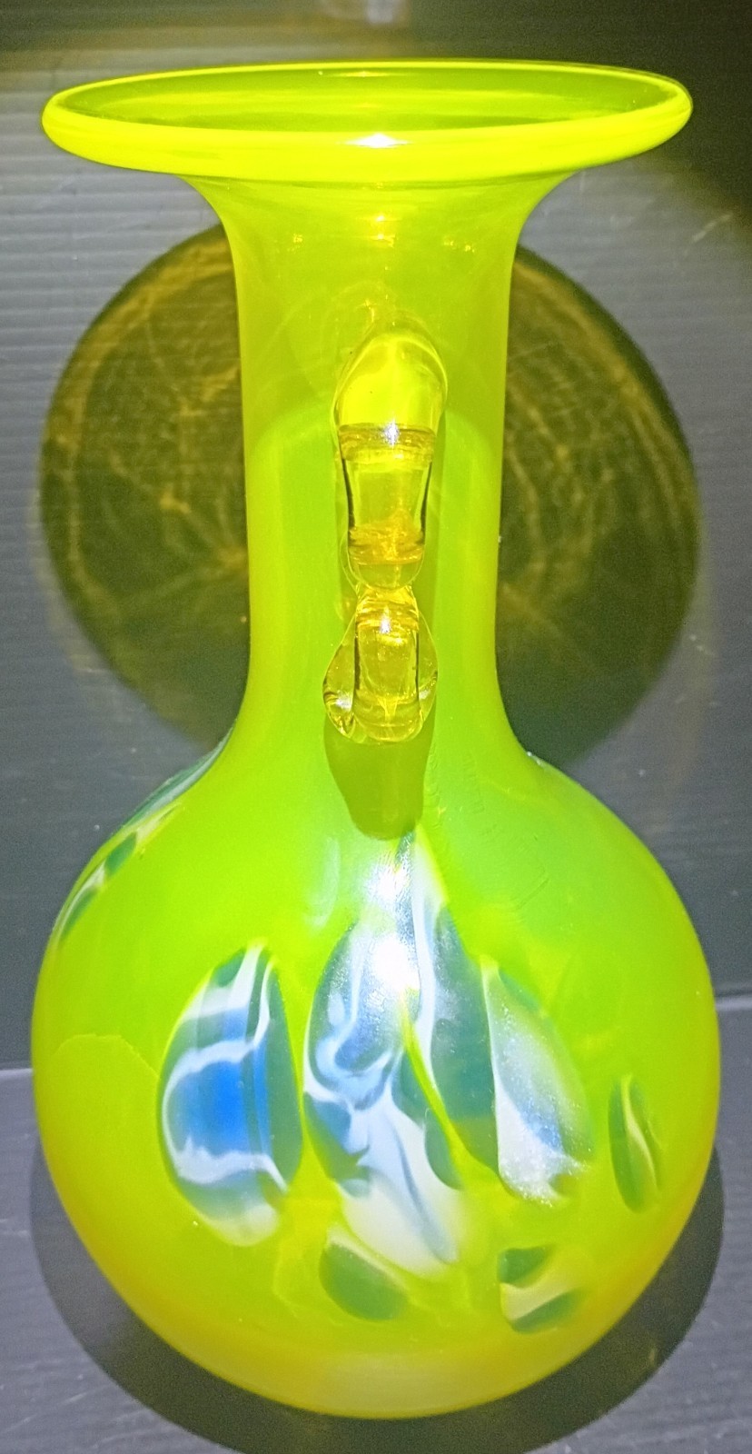 Vintage Hand Blown Yellow Art Glass Vase Cadmium UV Reactive Handles! 8.5″ Tall!