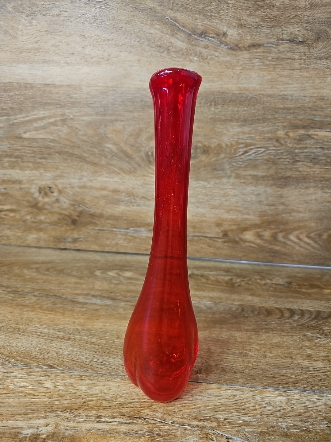 Vintage MCM Retro 1960s Art Glass RED Swung Flower Bud Vase Hand Blown 11.5″