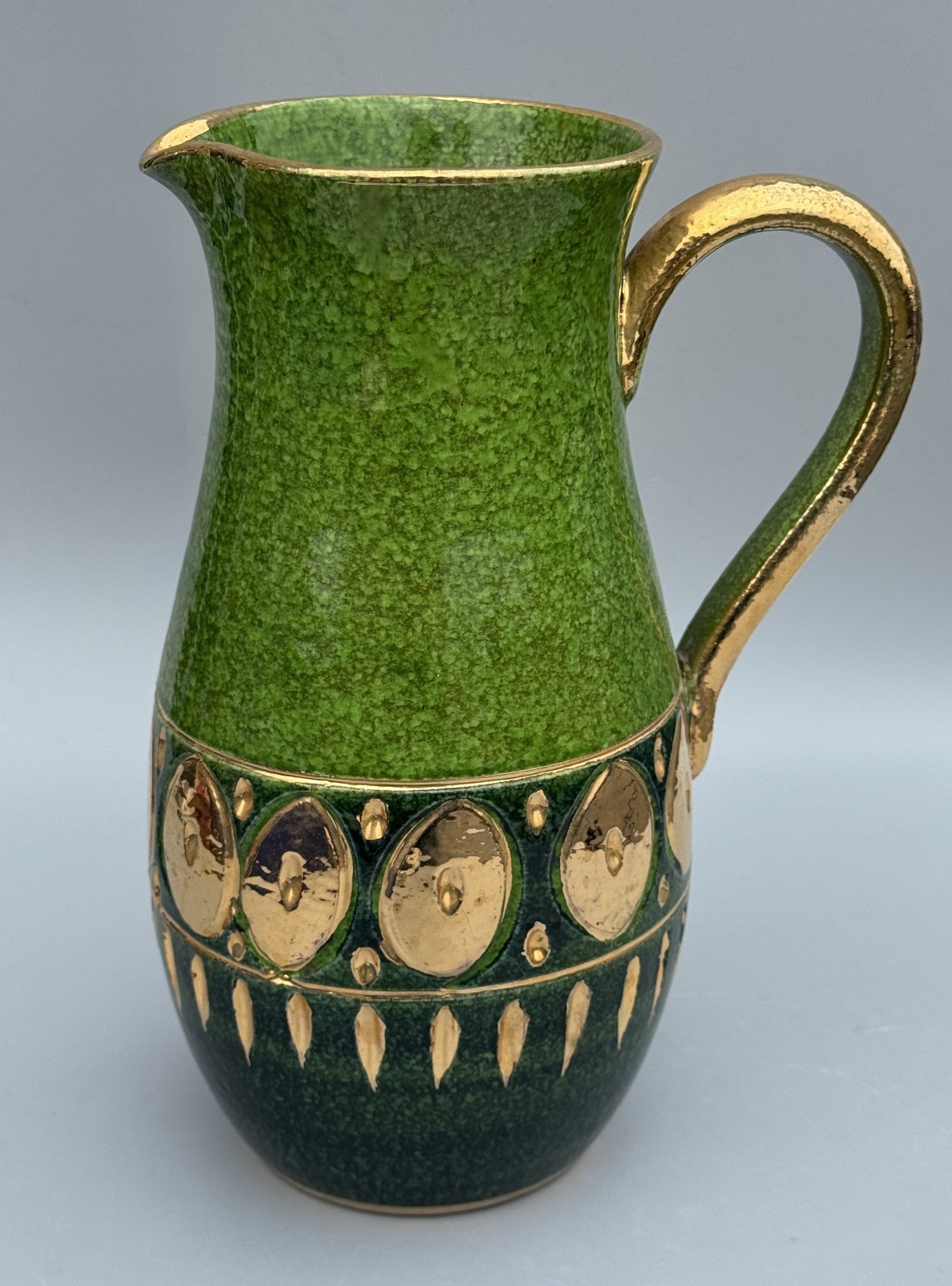 Italian Pottery Pitcher, Mid 20th Century, Green with Gold Accents, Italy