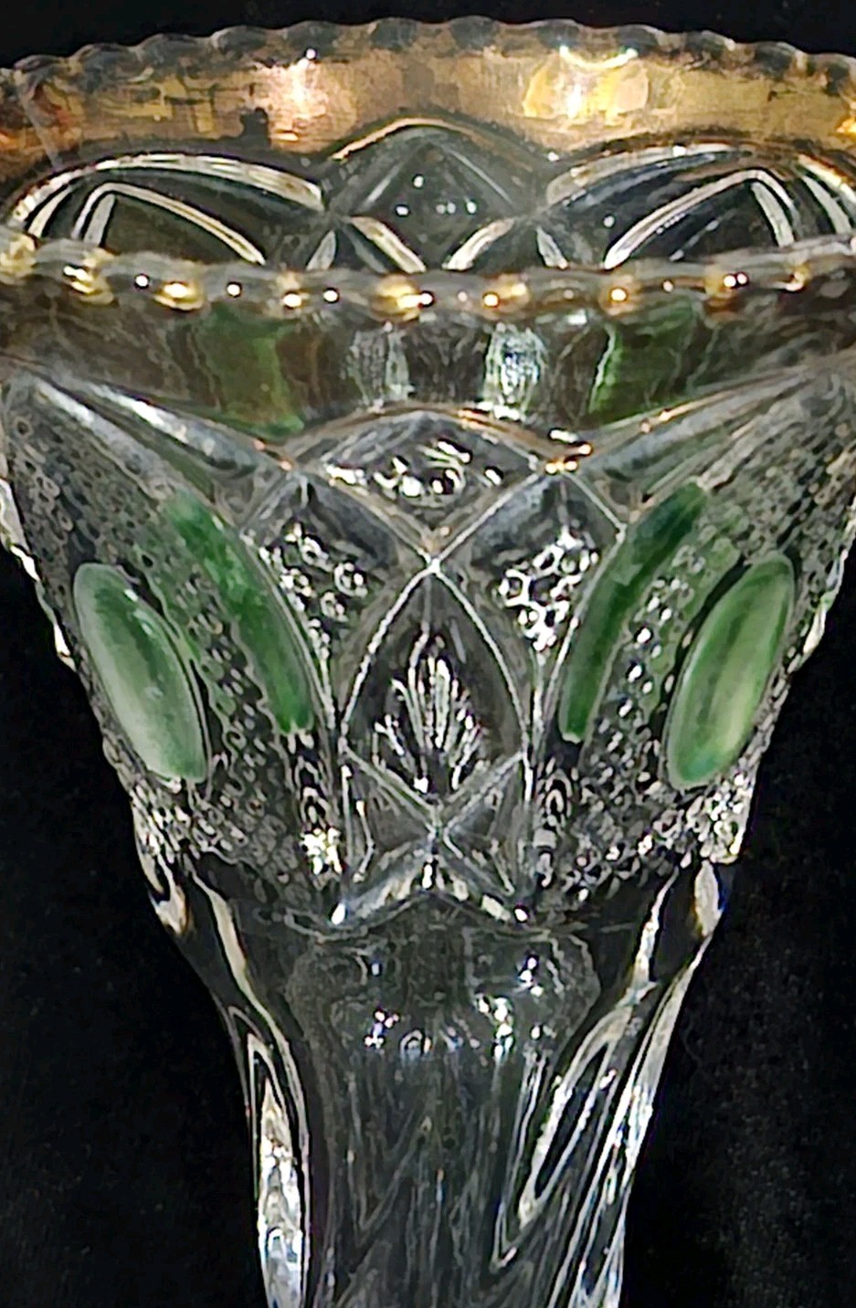 Antique EAPG Vase Clear W/Green Dots Gold Trim Spiral Fluted 8″T Pressed Glass