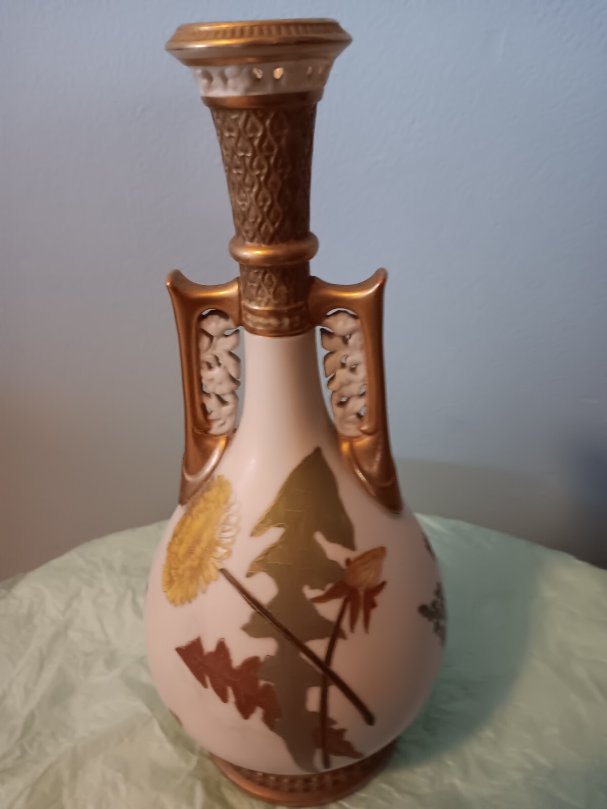 Royal Worcester Gold Gilt Fern Leaves & Blush Ivory 10 1/8 Inch Vase Circa 1887