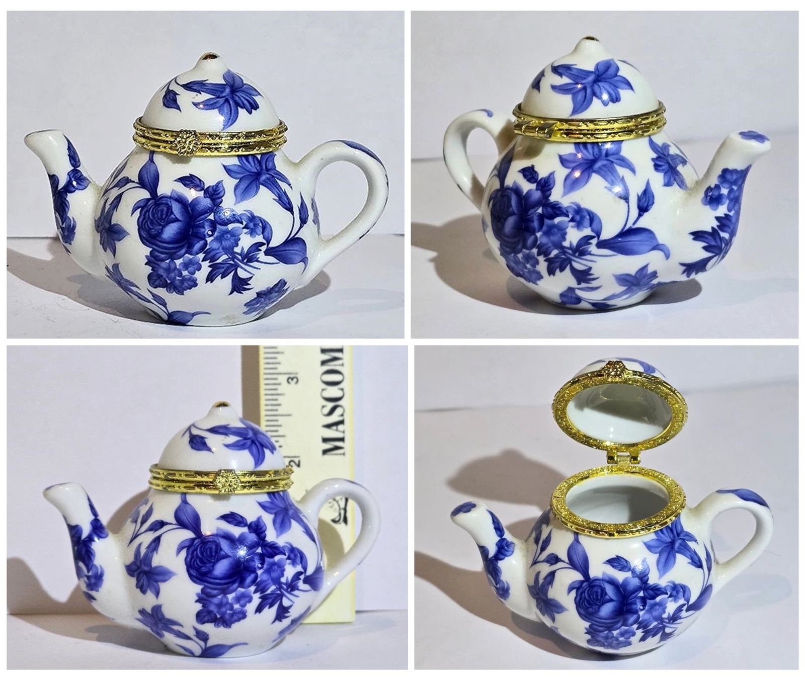MIniature Teapot Trinket Box Blue & White Floral w/ Gold Trim Clasp & Hinge EUC