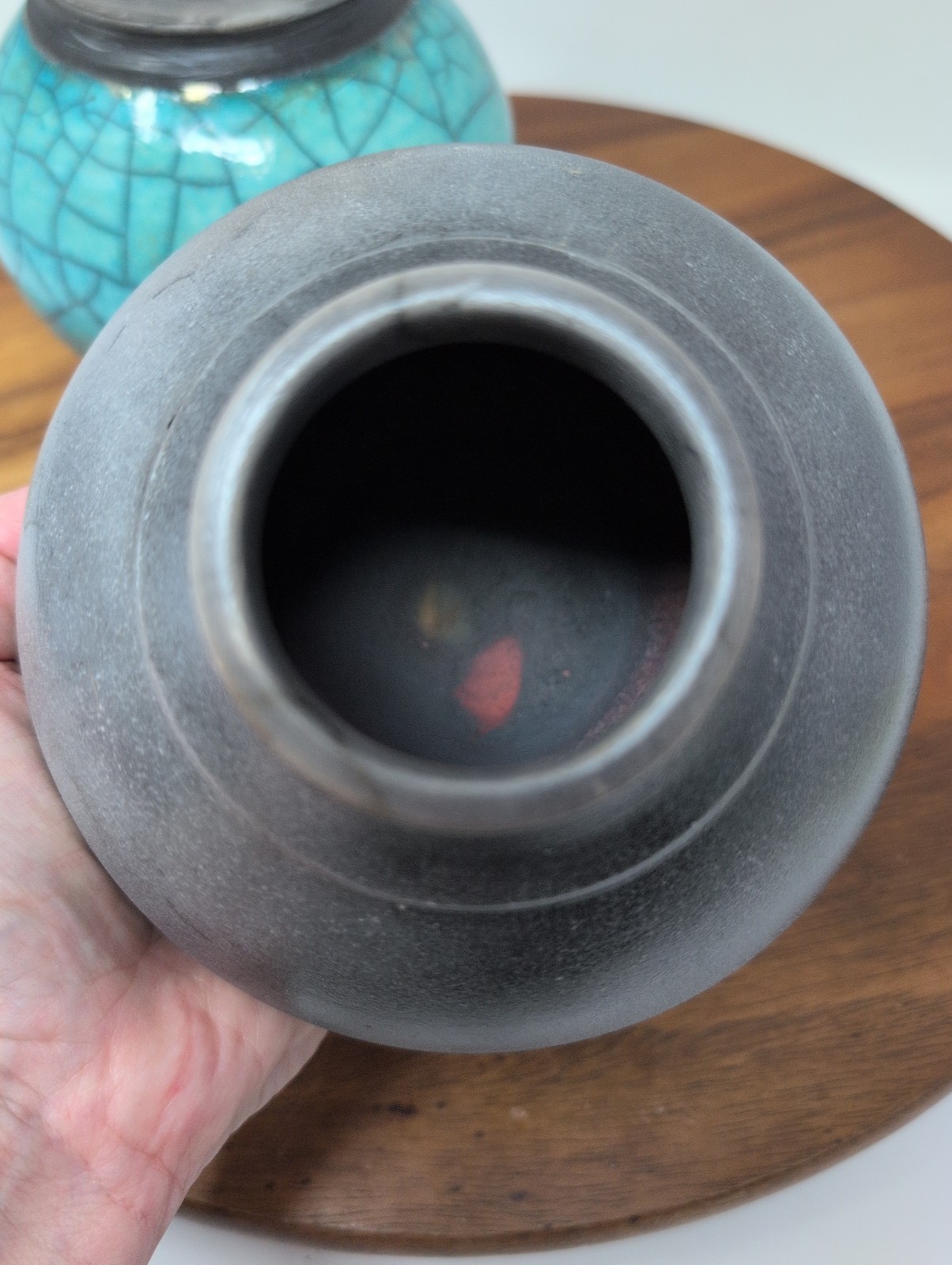 Lot Of 2 Raku Studio Pottery Signed 1 Turquoise 1 Crackle Gray