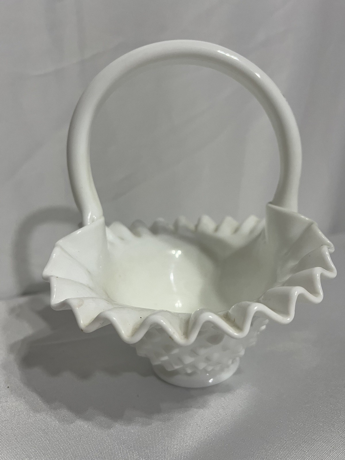 Fenton Miniature Basket, Milk Glass, Hobnail Pattern ruffled 4.25” x 3.5” x 6.5”