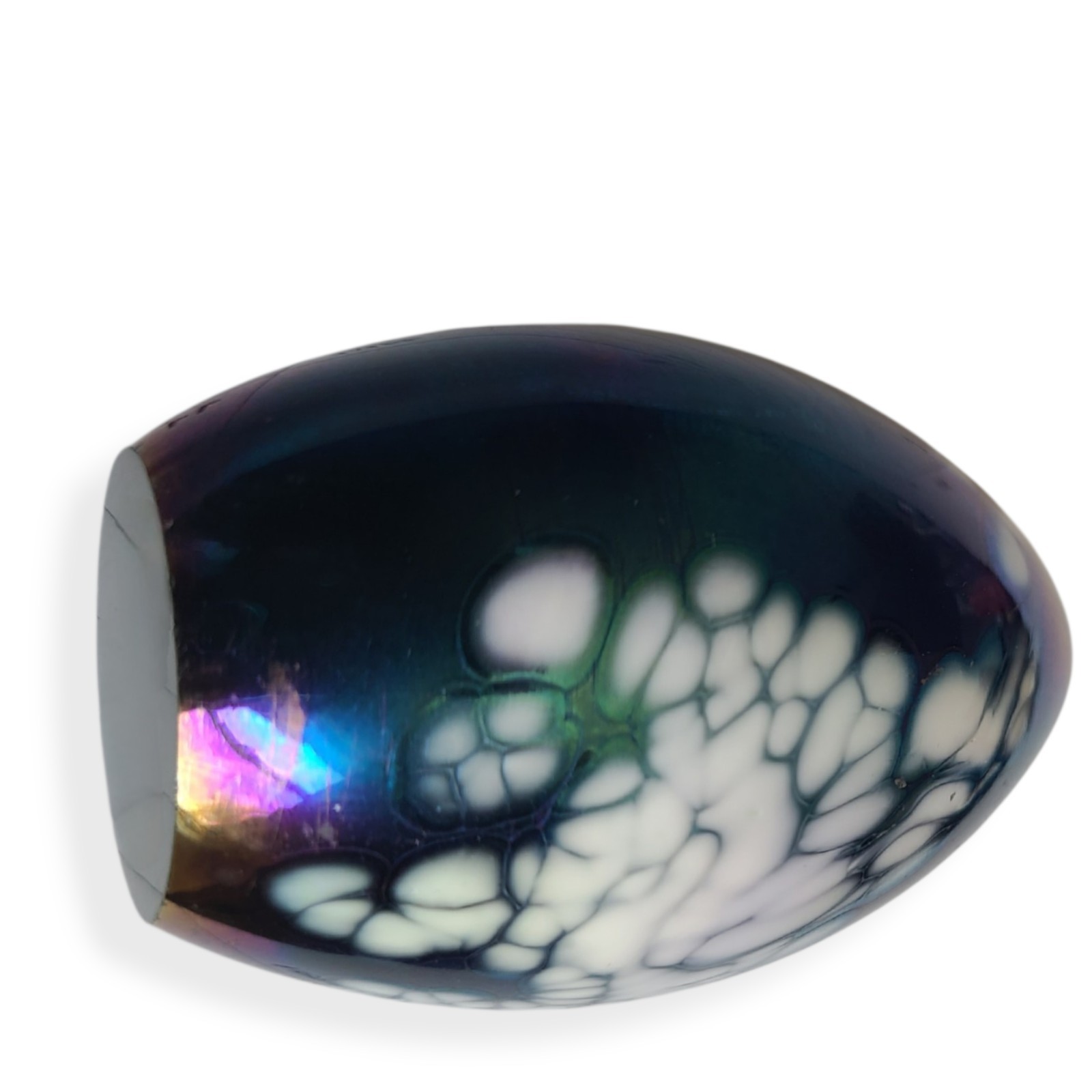 Glass Eye Studio Iridescent Purple Peacock Speckled Egg Shaped Paperweight 3”