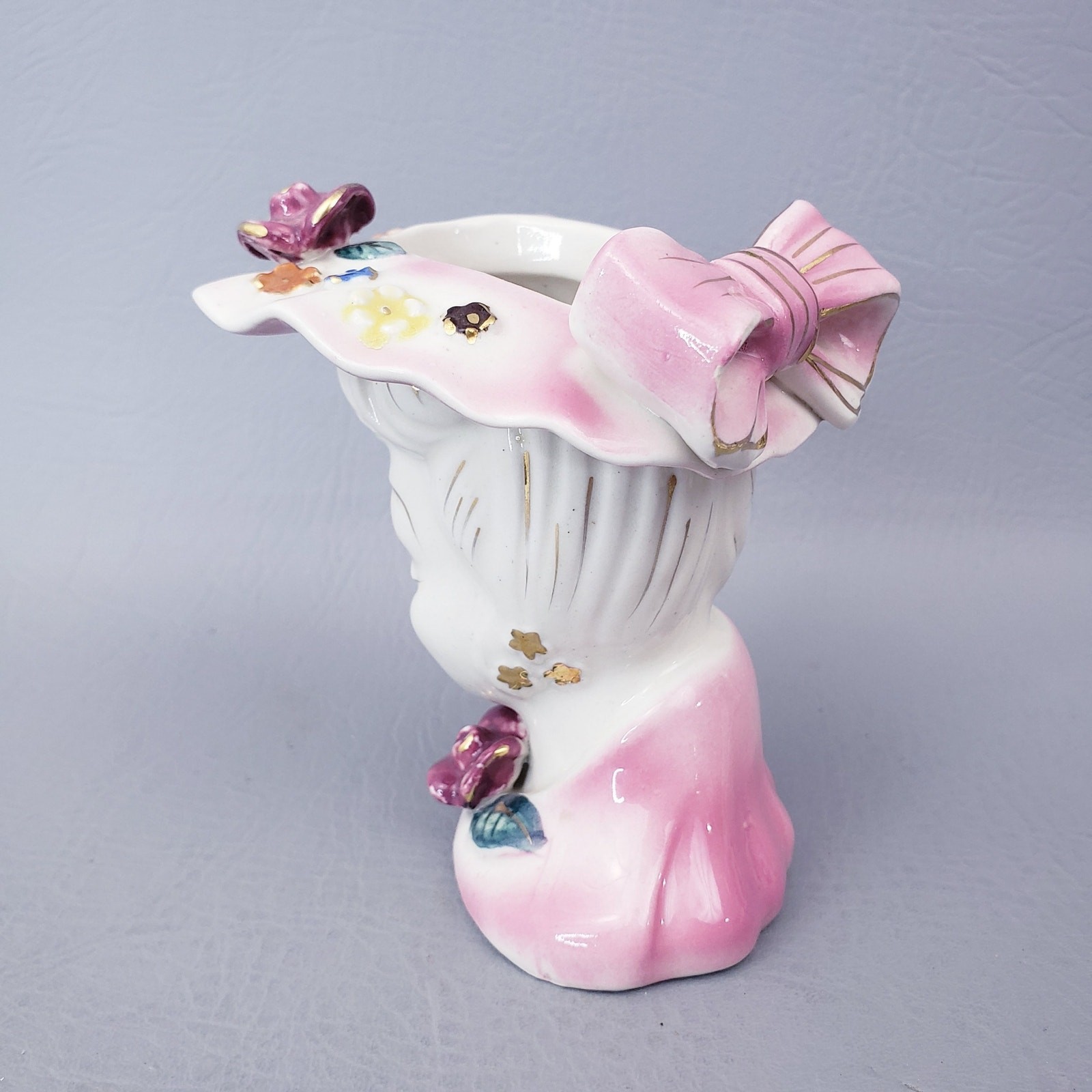 Vintage Lady Head Vase Pink Hat Dress Purple Roses White Hair Made in Japan