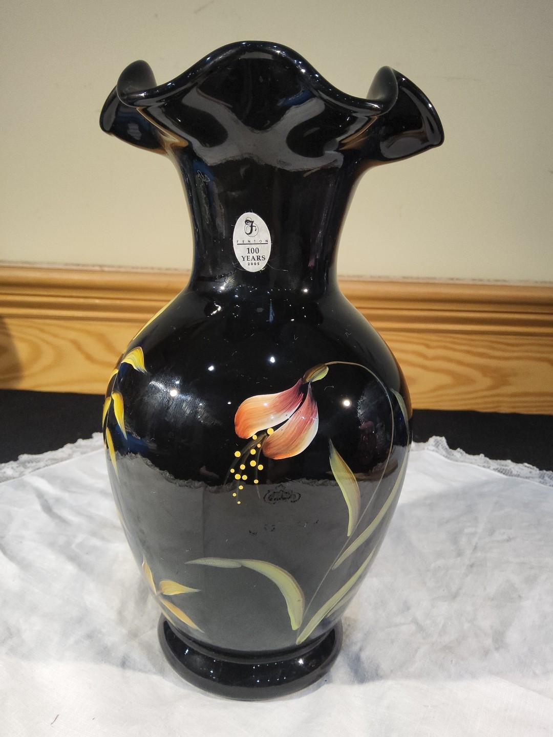 Fenton 100th Anniversary Vase Black Ebony HP Pink Coral Floral Gold Leaf Ruffle