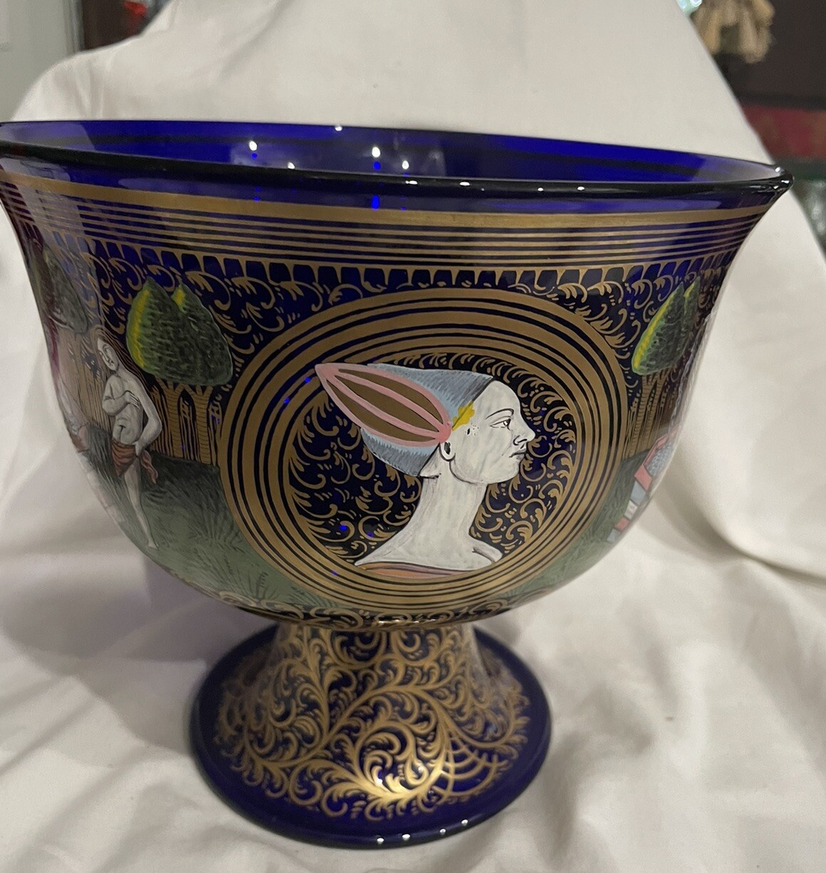 Murano art glass Vintage Barovier & Toso hand Paint enameled wedding Bowl Cobalt
