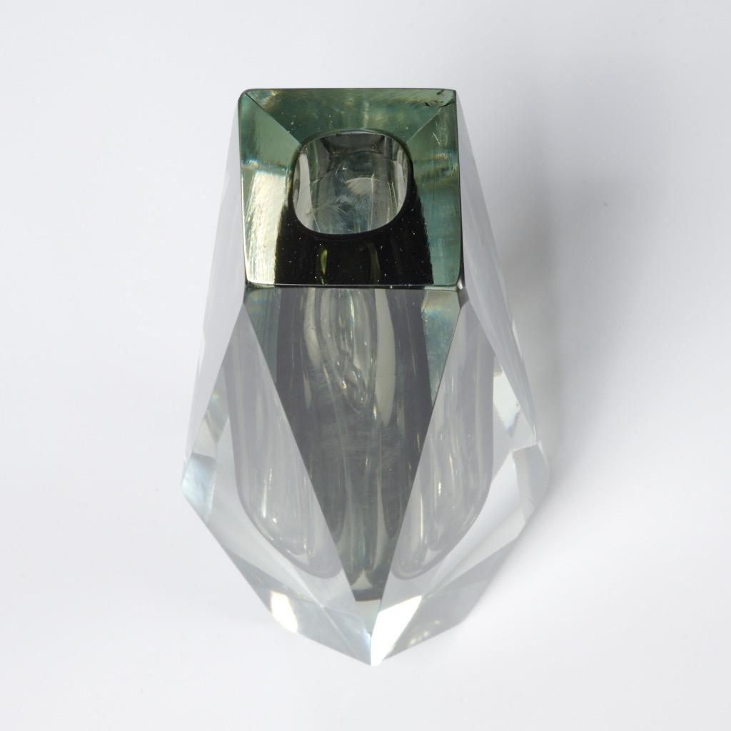 Vtg Modernist Geometric Murano Smokey Faceted Art Glass Bud Vase 6.75″h