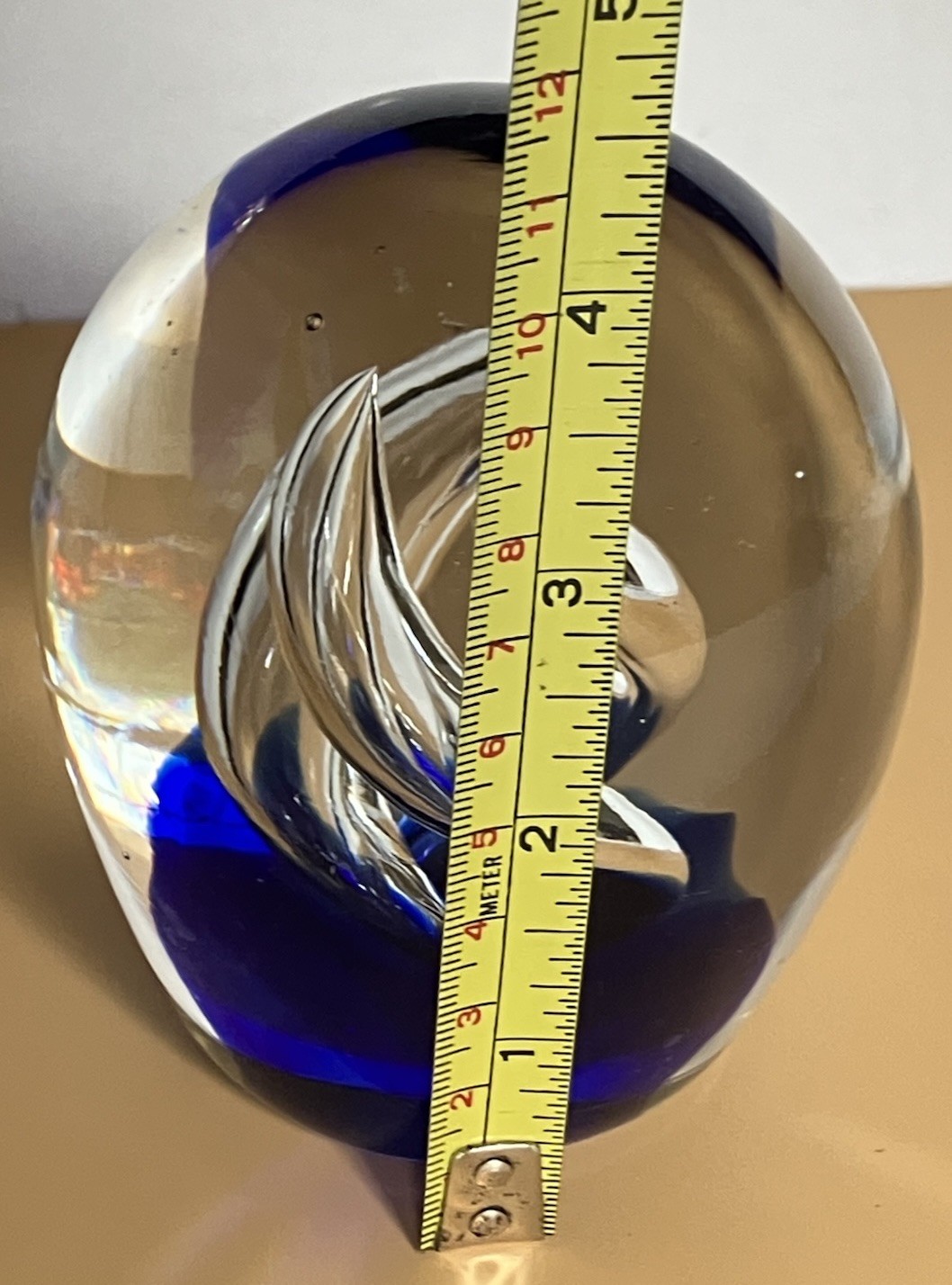 Cobalt Blue And Clear Swirl Glass Paperweight 4 X 3.5 Inches