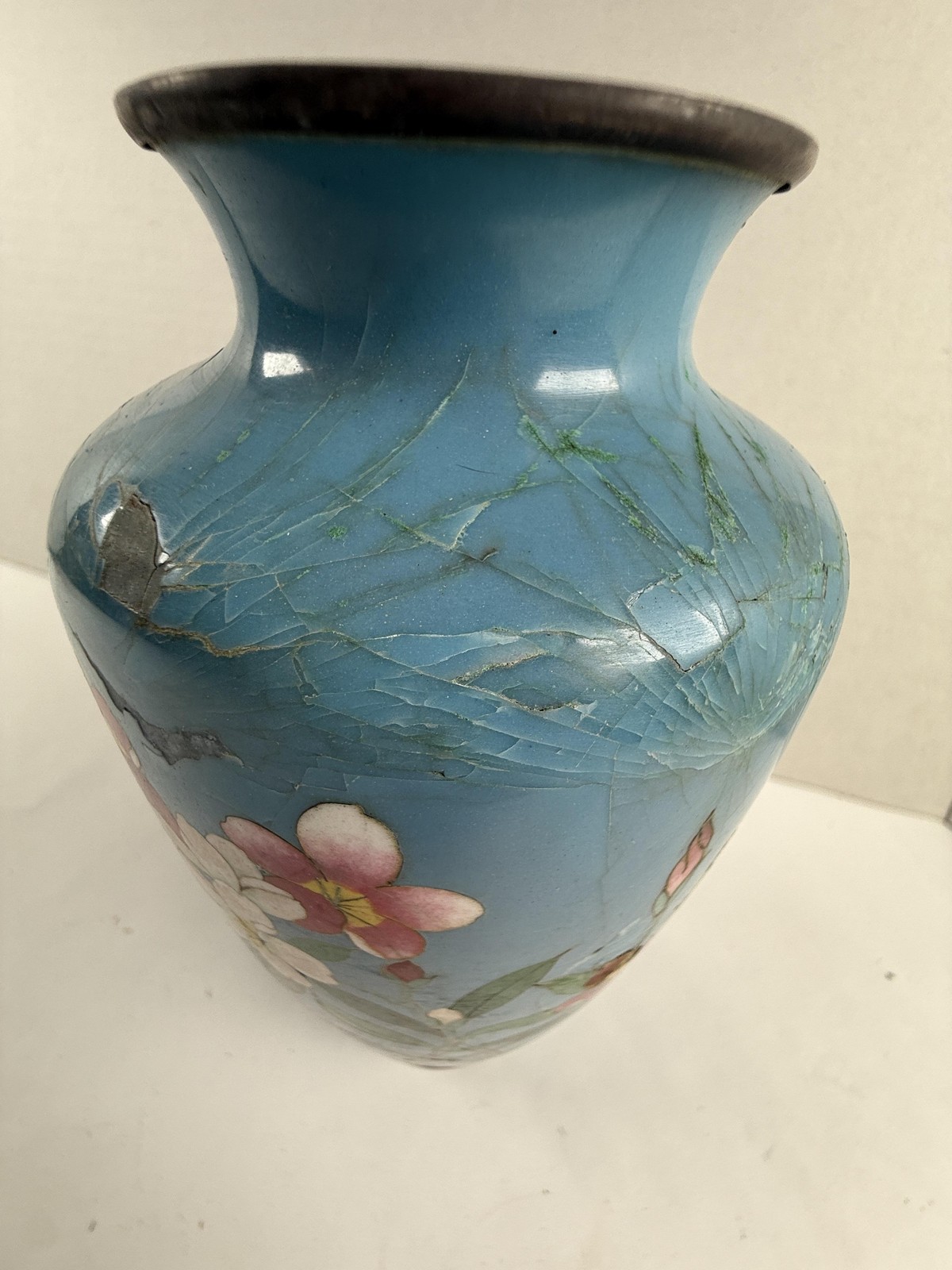 Vintage Chinese Cloisonne Blue Flower Vase Asian Floral Cloisonne 7in Damaged