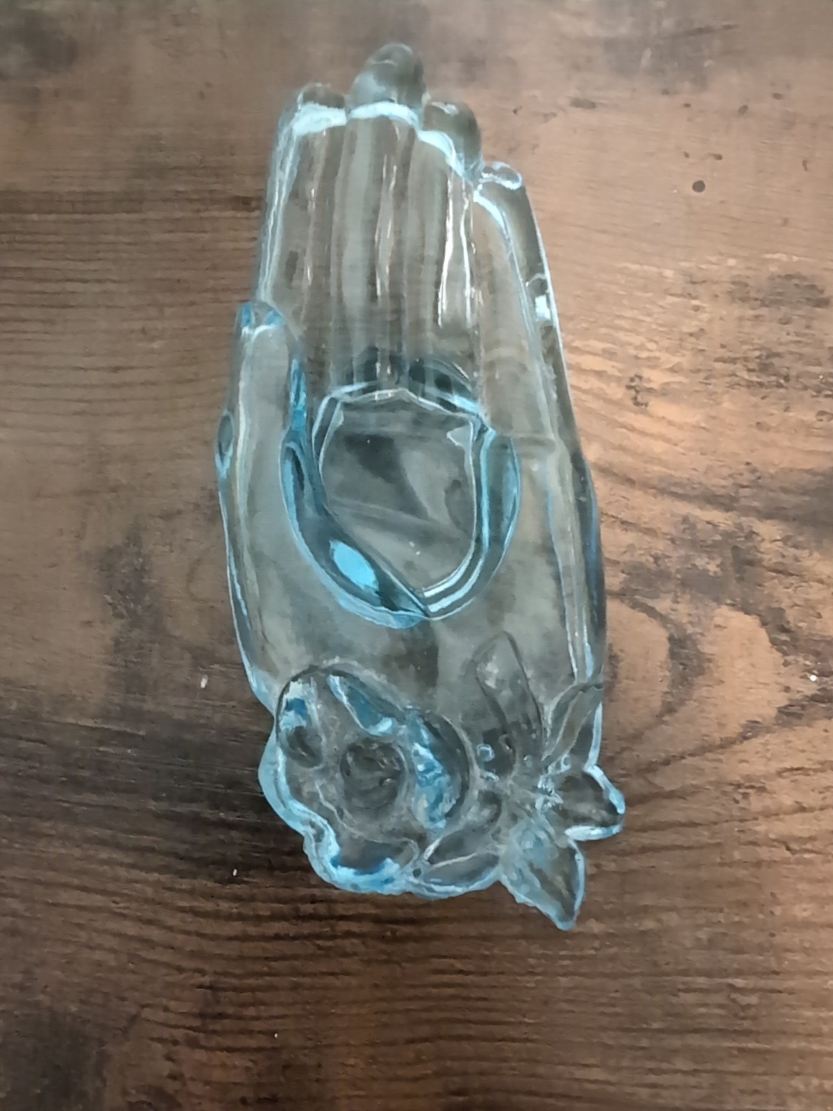 Vintage Glass Light Blue Open Hand Trinket Dish Unmarked Flowers Praying