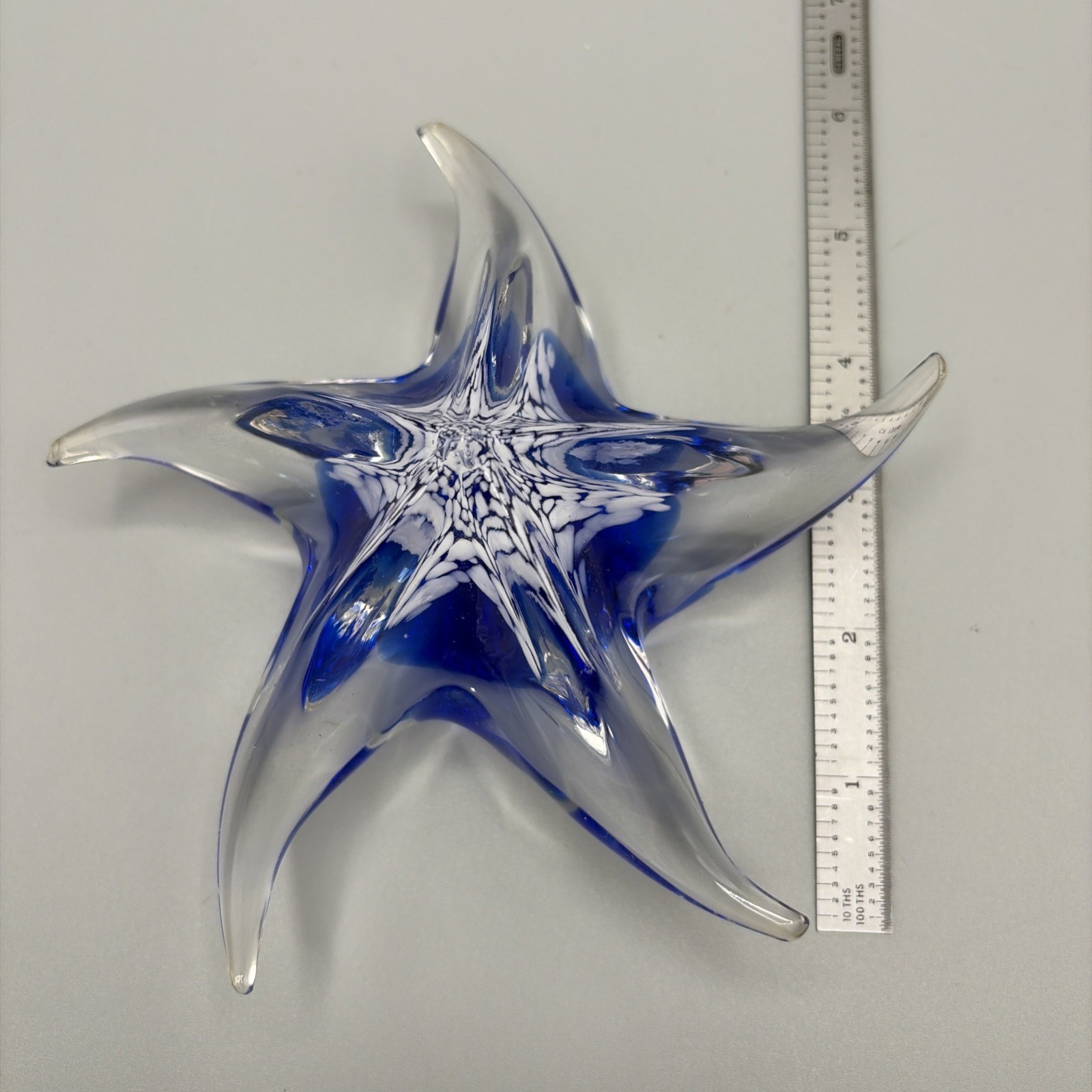 Glass Starfish Paperweight Swirl Vintage glass Blue-clear 6″ Murano style