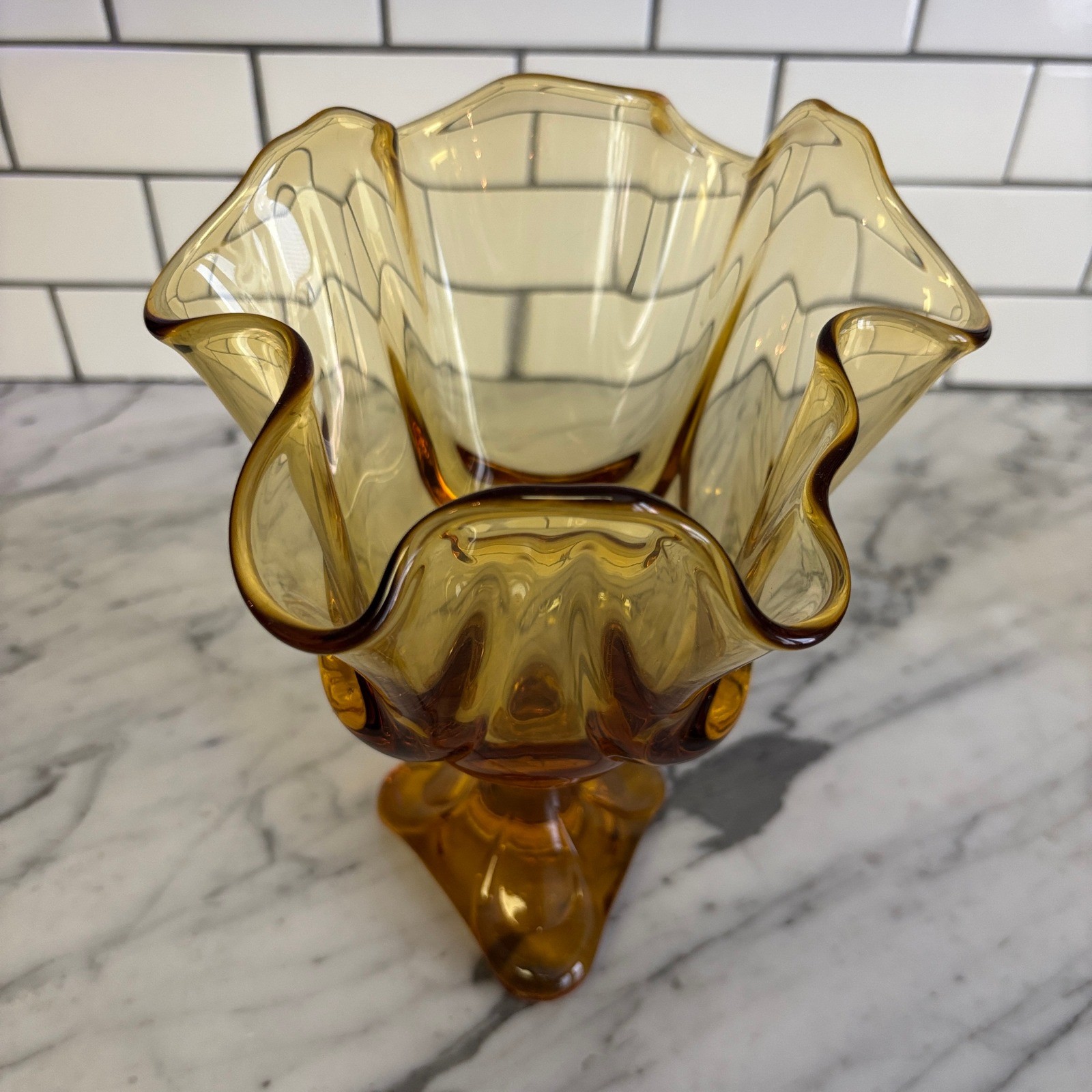 Viking Amber Glass Handkerchief Dish Vase 8″ Six Petal Pedestal MCM
